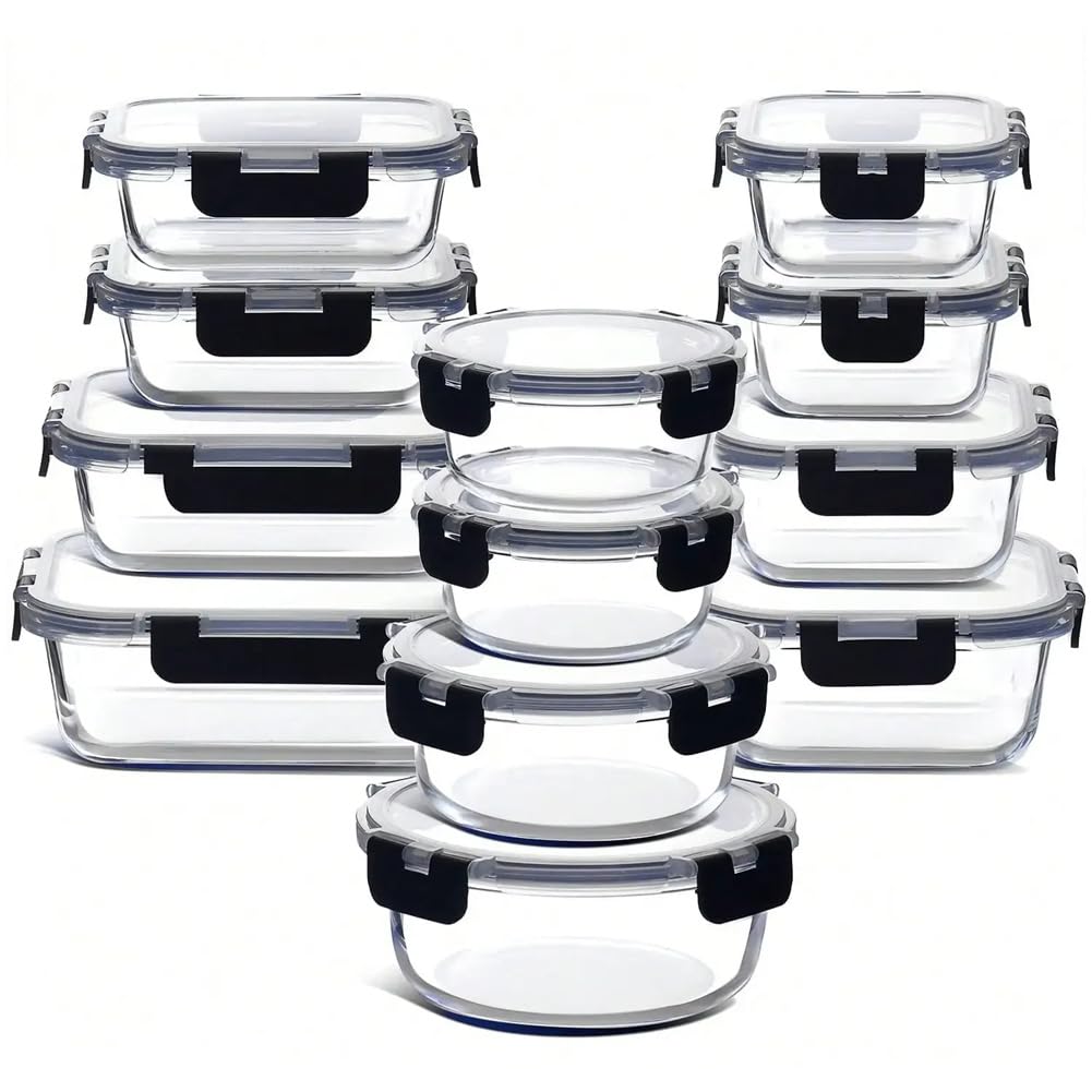 IJSDNVJNDX Glass Food Storage Containers with Lids(12-Piece Set), Airtight Leak-Proof Glass Lunch Boxes in Various Sizes and Shapes