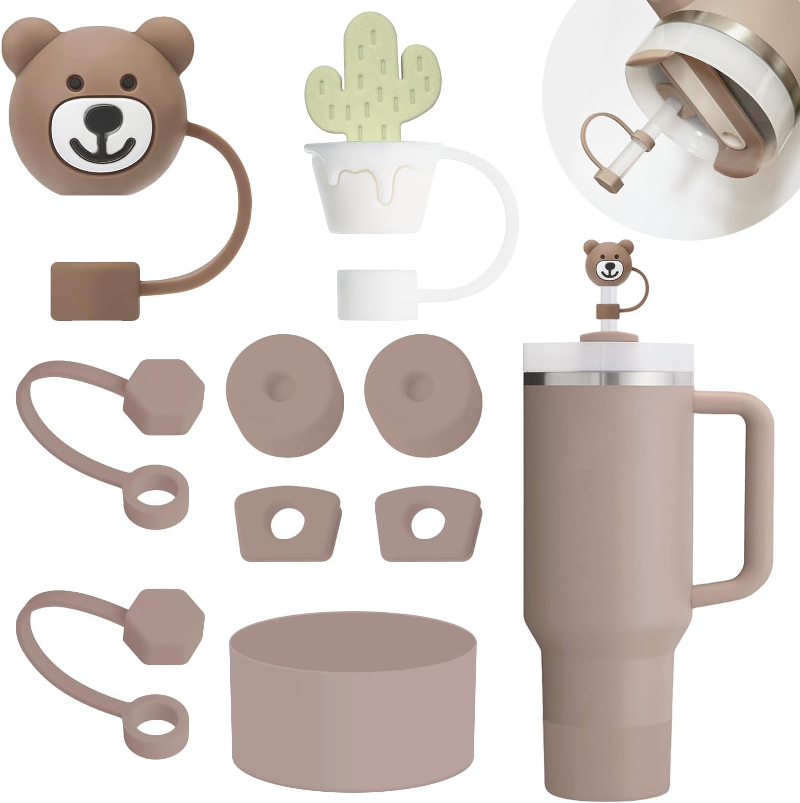 Cup Accessories Set Includes 6Pcs Silicone Spill Proof Stopper, 2Pcs Straw Cover Cap for 9-10 mm Straw, 1Pcs Silicone Boot Compatible with Stanley Cup 40oz&30oz Tumbler (Almond Rose)