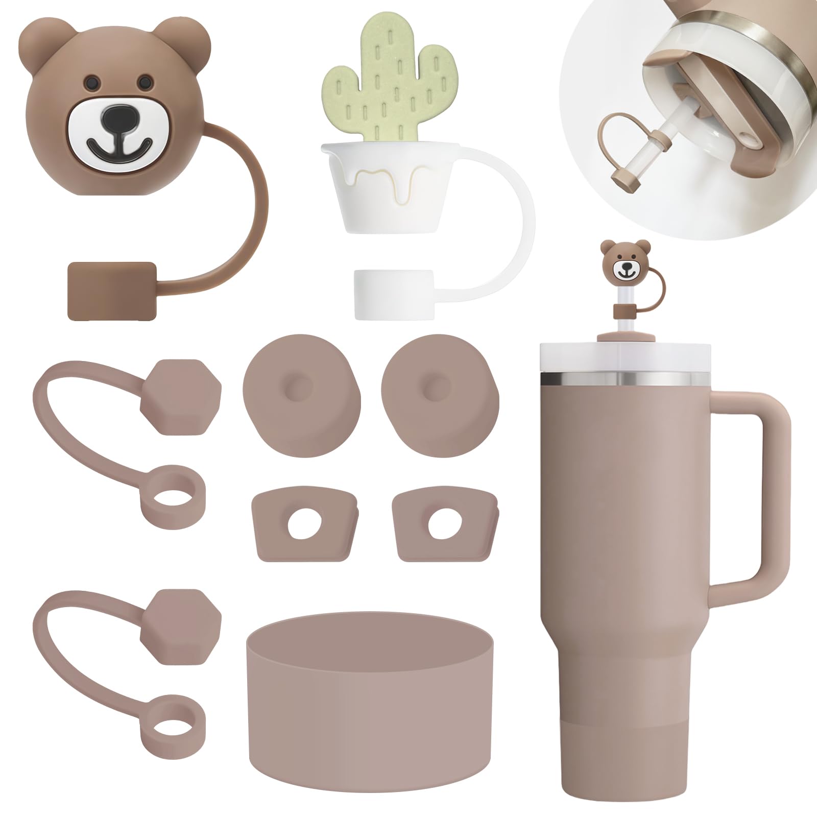 Cup Accessories Set Includes 6Pcs Silicone Spill Proof Stopper, 2Pcs Straw Cover Cap for 9-10 mm Straw, 1Pcs Silicone Boot Compatible with Stanley Cup 40oz&30oz Tumbler (Almond Rose)