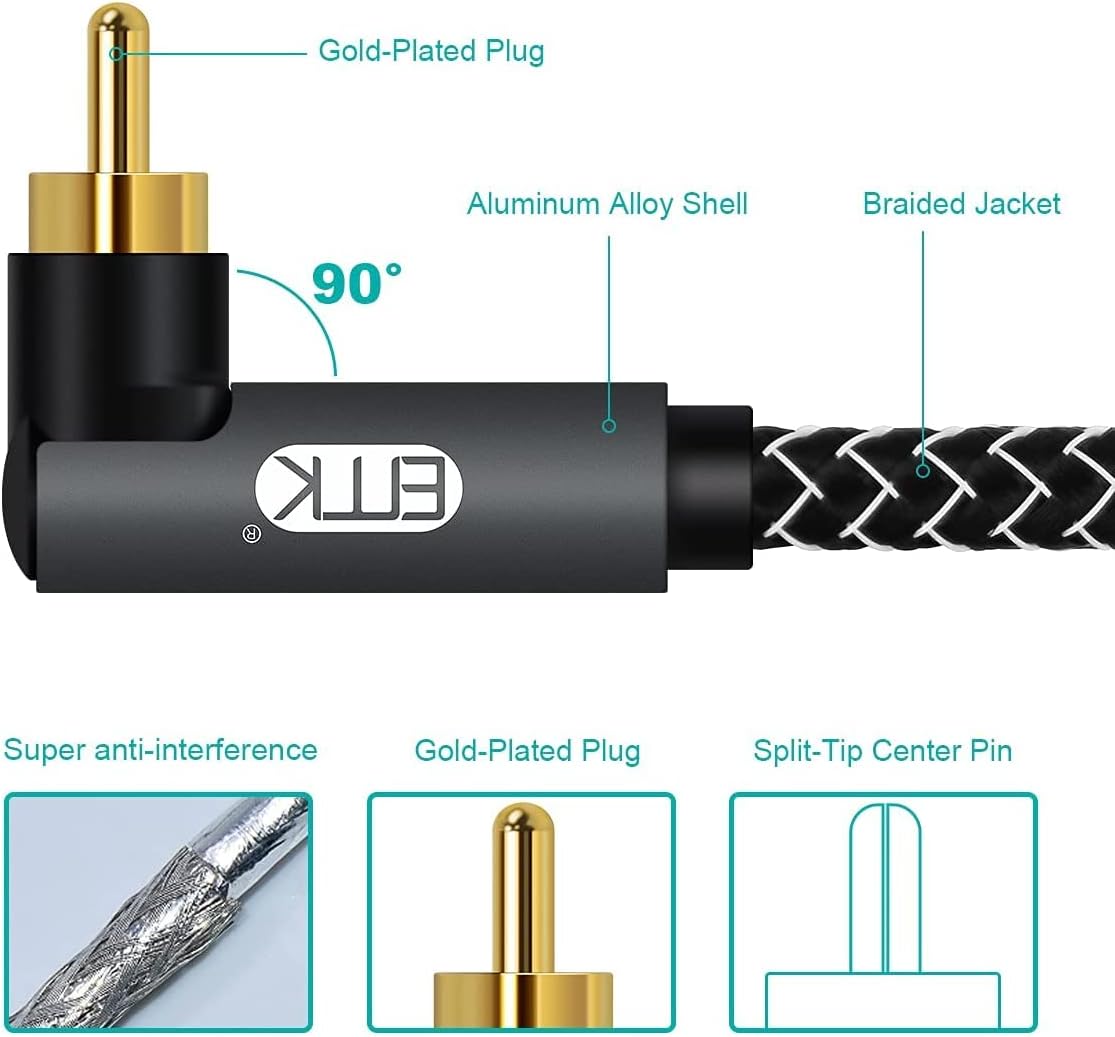 Double 90 Degree Subwoofer Cable RCA to RCA Audio Cable 24K Gold-Plated Nylon Braided Double Shielded Digital Analogue Supports Amplifiers,Home Theater,Hi-Fi Systems,Subwoofer (6.6ft/2m) : Electronics