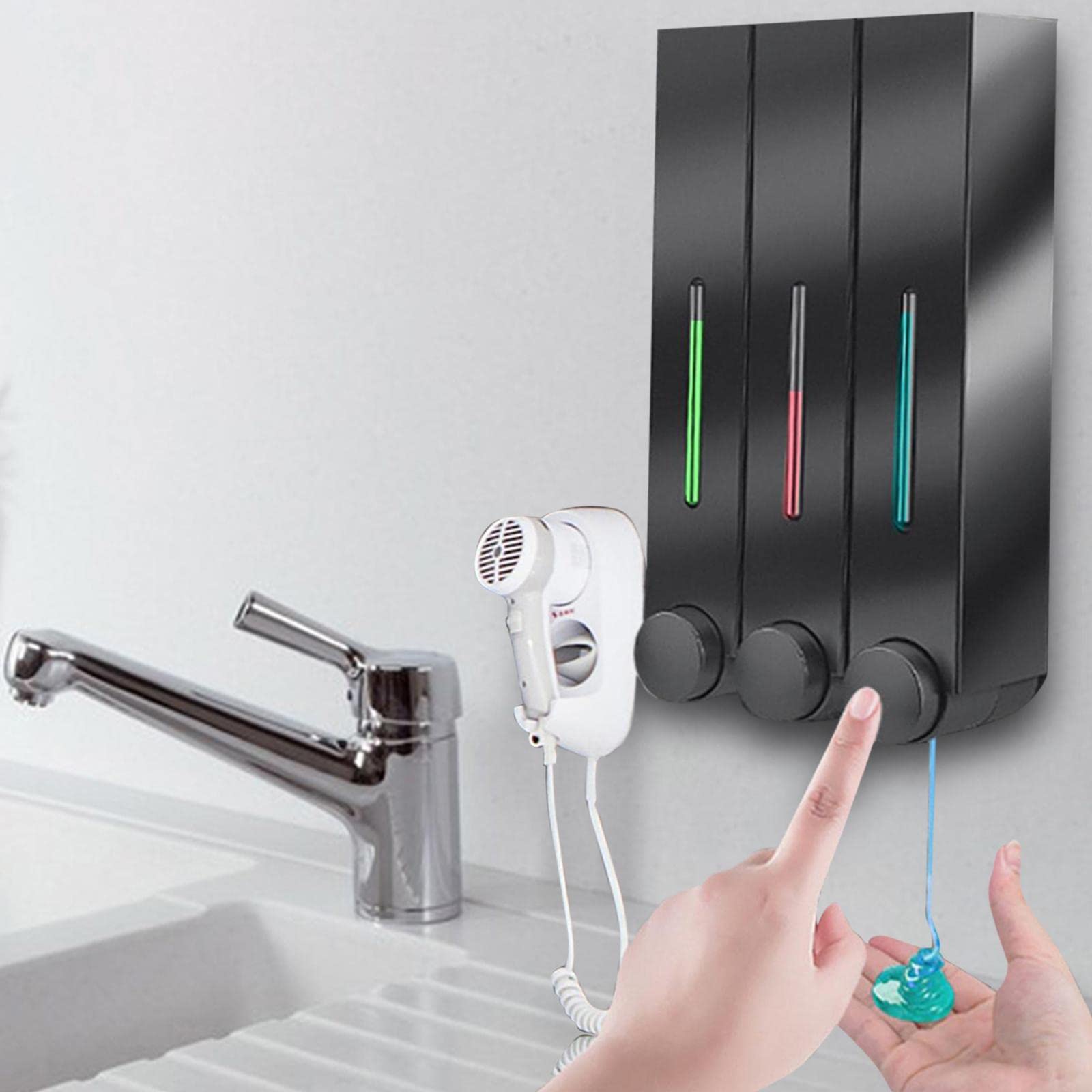 Fenteer Dispensador de jabón Bomba Botellas loción Manual dispensador de Gel líquido Soporte de Pared para Cocina Baño - Triple Negro