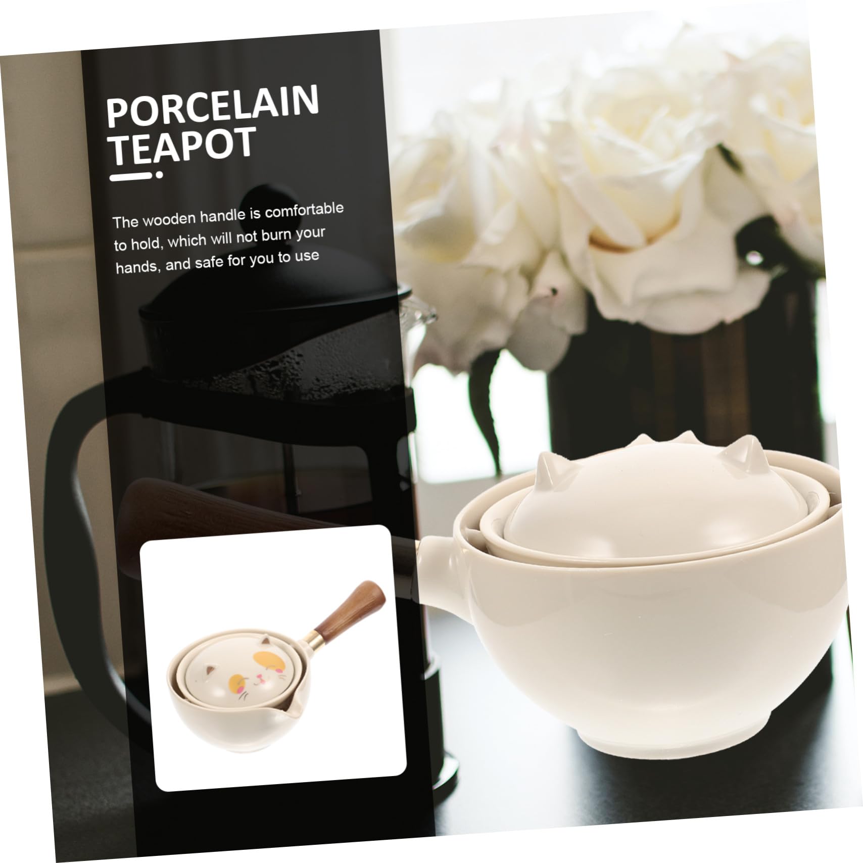 Teiera Tradizionale Cinese in Ceramica Resistente al Calore con Manico Laterale e Filtro Integrato Rotante per Infusione Kung Fu Design Elegante con Motivo Gatto della Fortuna