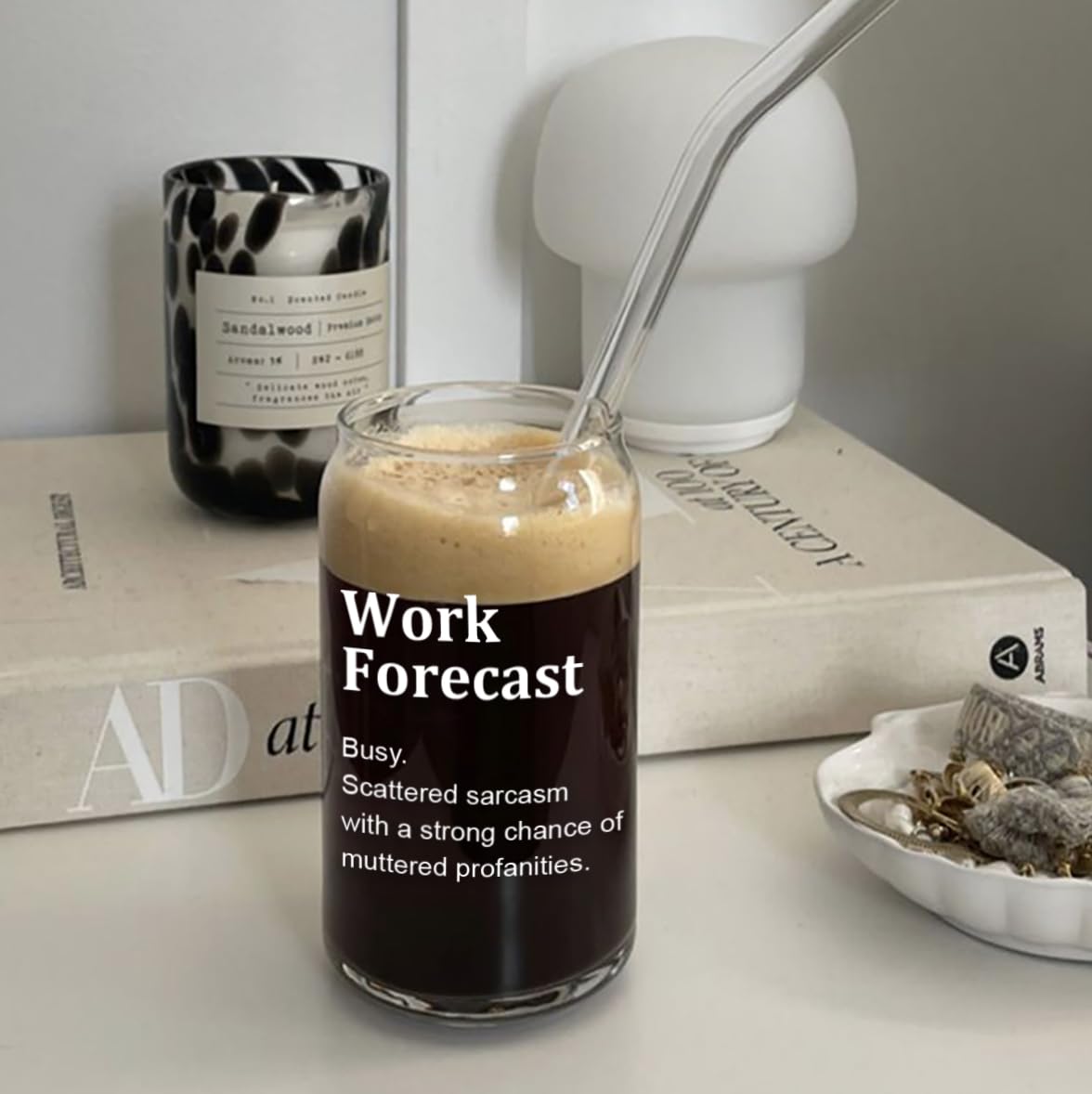 Amazon.com: Mikopei Work Forecast Glass Cup with Lid and Straw - Funny Work  Gifts Cubicle Desk Accessories Decoration, Office Decor for Women Men, Cool  Things to Put on Your Desk, Iced Coffee