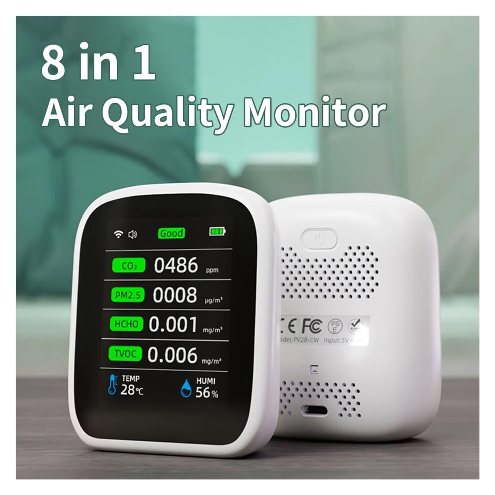 monitor co2, Przenośny miernik ści powietrza LCD 3 w 1/8 cala 1 WiFi PM1.0 PM2.5 PM10 CO2 TVOC HCHO Tester temperatury i wilgotności z alarmem głosowym do domu, biura, samochodu(CO2 Without WIFI)