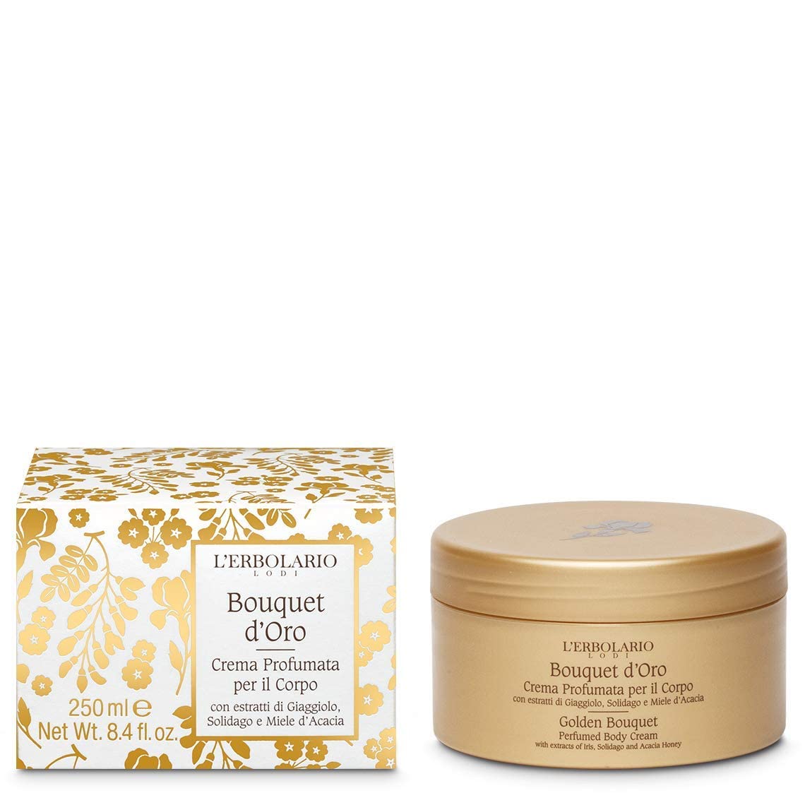 L' Erbolario - Bouquet d' Oro - Confezione regalo in scatola originale (bagnoschiuma, crema corpo, profumo, sapone) + in OMAGGIO Saponetta vegetale Florinda da 50 gr