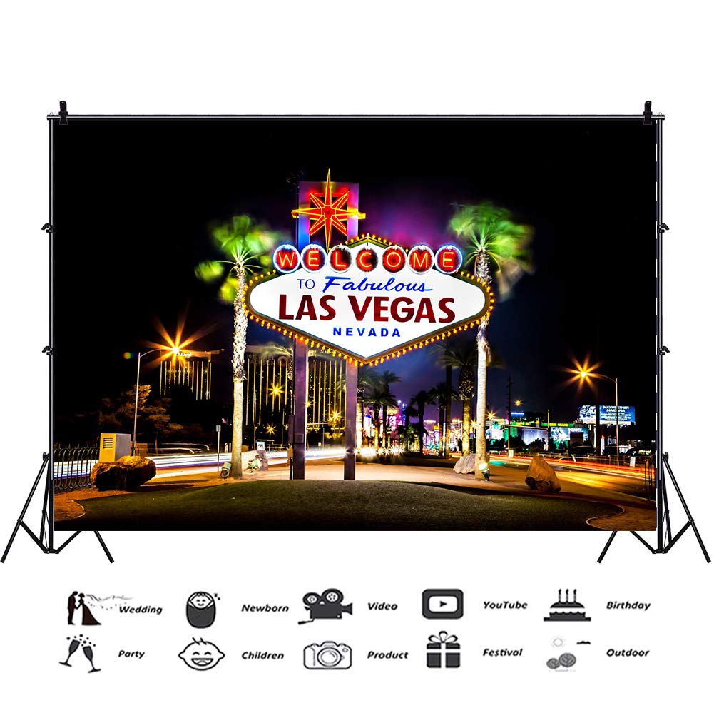 YongFoto 7x5ft Vinyl Photography Backdrop Las Vegas Backdrop Street Signpost Night View for Party Decoration Photo Background Newborn Kids Adults Photoshoot Video Studio Backdrops 7x5ft - Image 2
