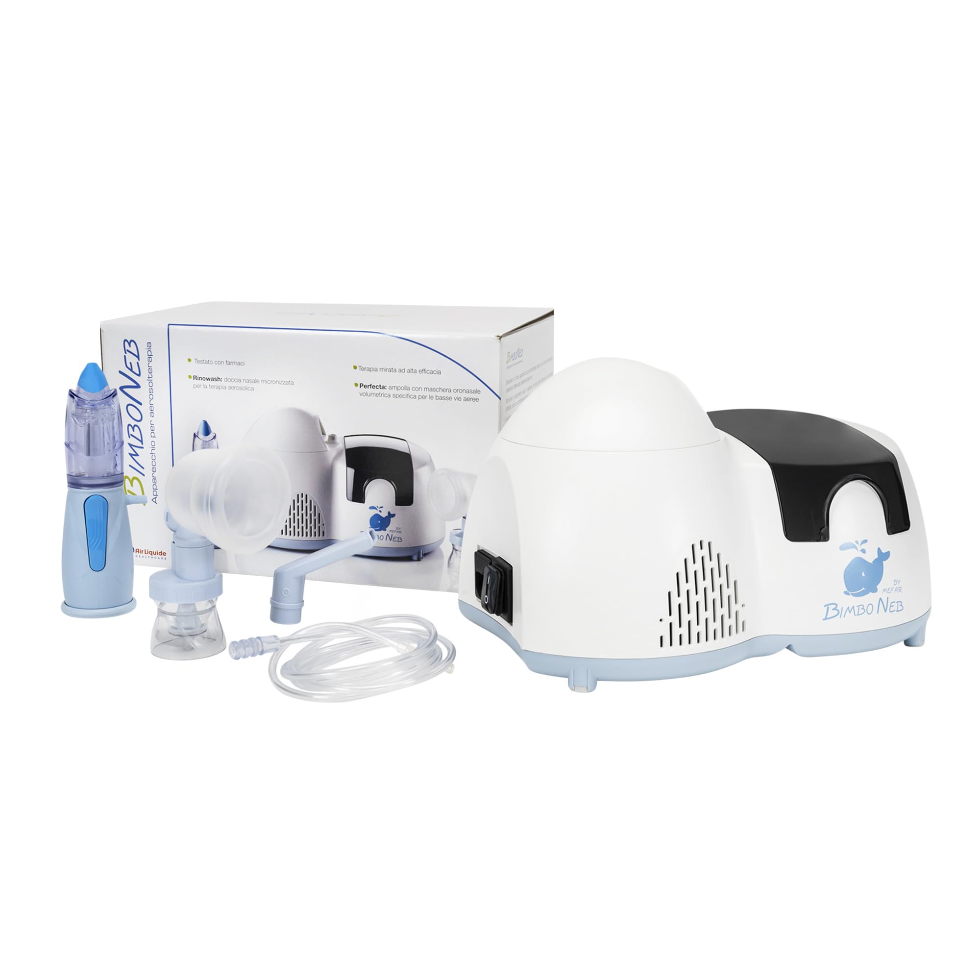 Air Liquide Healthcare, BIMBONEB, Apparecchio per Aerosolterapia per Bambini, Dotato di RINOWASH e PERFECTA, Aerosol per la Terapia Inalatoria, Trattamento Sicuro, Veloce ed Efficace