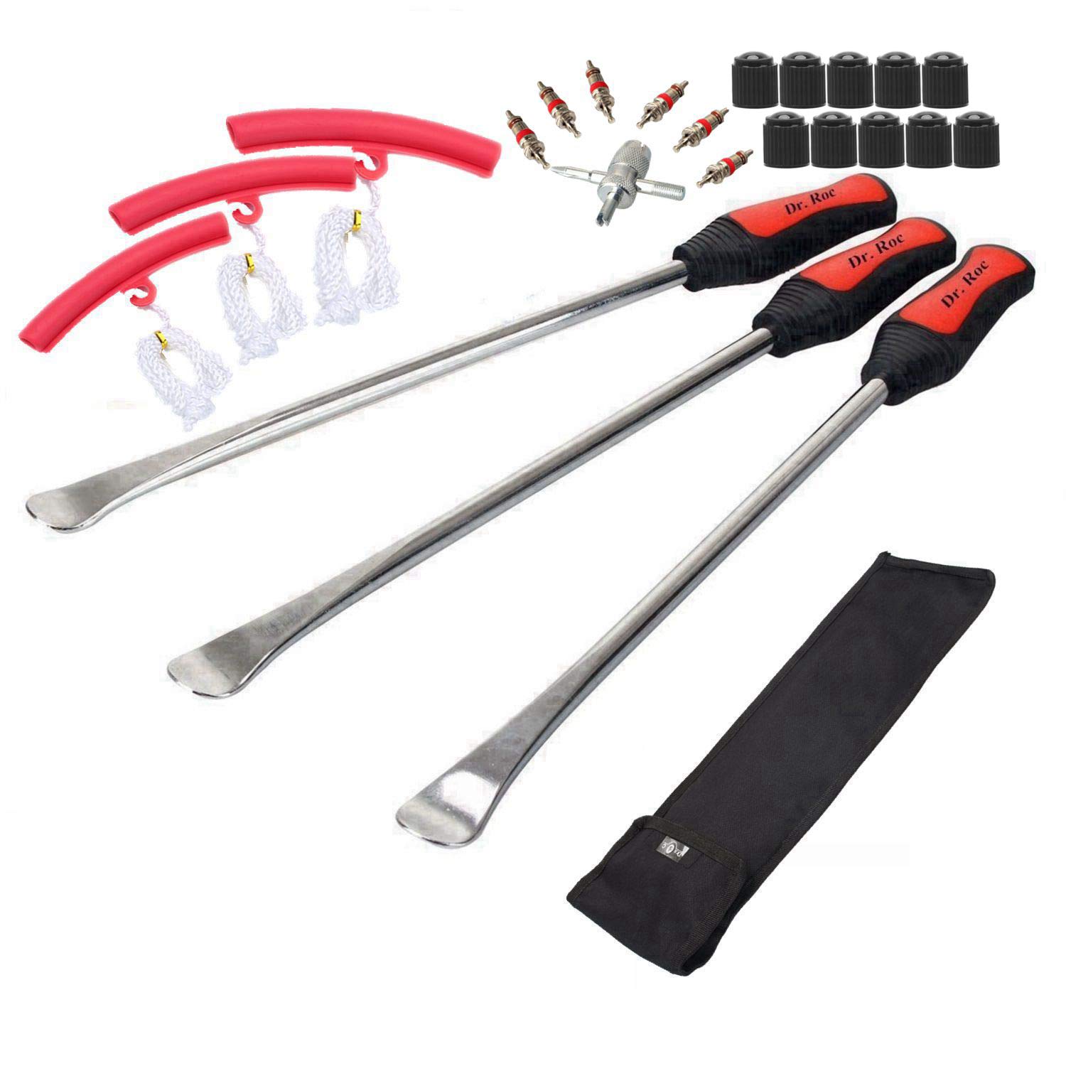Dr.Roc 14.5 inch Perfect Leverage Tire Spoon Lever Iron Tool Kit Motorcycle Dirt Bike Lawn Mower Tire Changing Tool with Durable Bag 3xTire Spoons and 3xRim Protectors and Valve Core and Caps Set