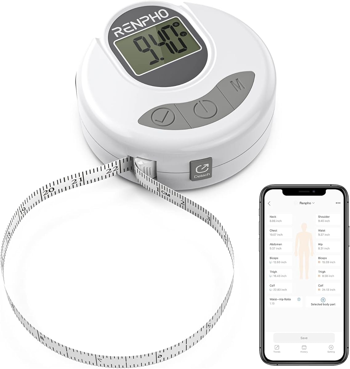 RENPHO Tape Measure for Body, Smart Bluetooth Digital Body Measuring Tape for Weight Loss, Body Fat Monitor, Muscle Gain, Fitness Bodybuilding, Retractable, Measures Body Part Circumferences