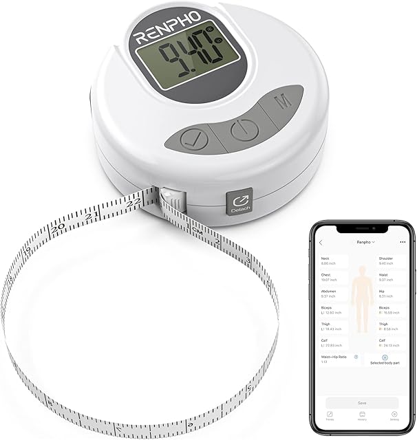 Tape Measure for Body, RENPHO Smart Bluetooth Digital Measuring Tape for Body Measuring, Weight Loss, Muscle Gain, Fitness Bodybuilding, Retractable, Auto Accurate Measures Body Part Circumferences