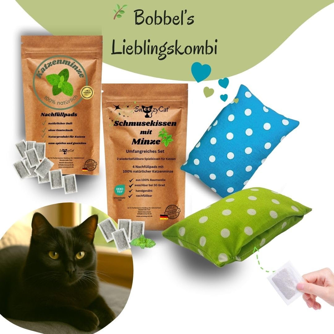 Premium Katzenminze Katzenkissen 2er Set + 14 Nachfüllpads – wiederbefüllbares Katzenspielzeug, waschbare Duftkissen aus Oeko-TEX® Baumwolle, Made in Germany