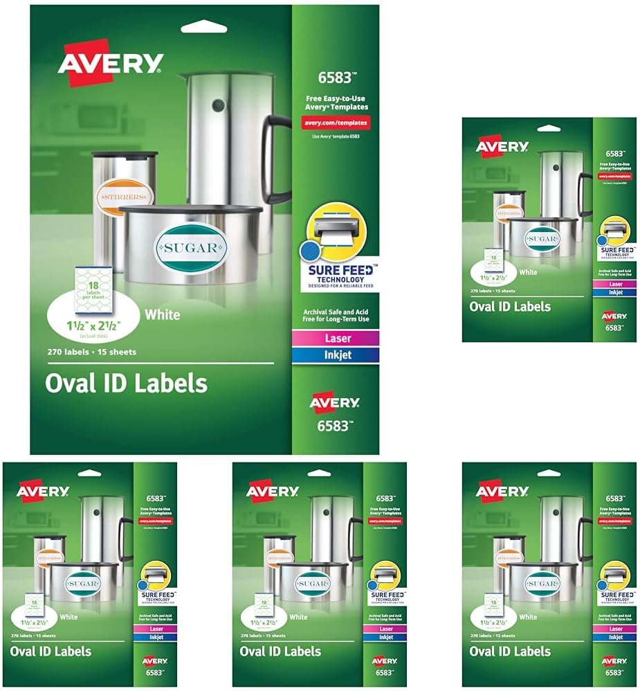 Avery Easy Peel Oval ID Labels, Sure Feed, Print to Edge, Perm Adhesive, 1.5" x 2.5", 270 Ct (6583)