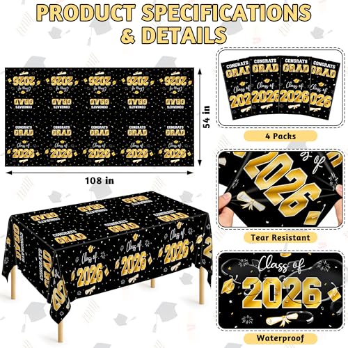 Image of QZYL 4 Pack Graduation Decorations, 54 inch x 108 inch Black and Gold Rectangle Graduation Table Cloths, Plastic Tablecover for College Congrats Grad, Disposable Grad Party Decorations for Class of 2026