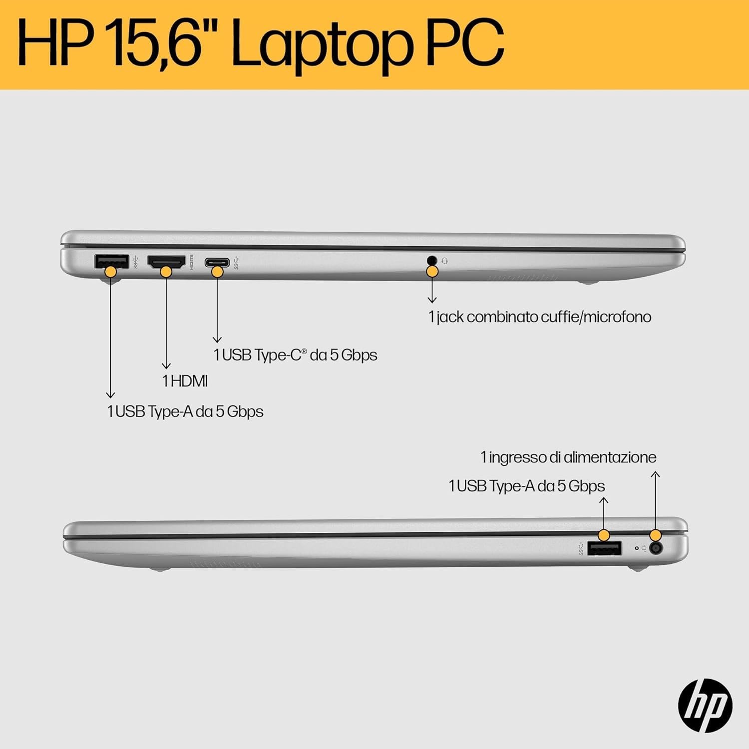 HP Laptop 15-fc0014sl, AMD Ryzen 5 7520U, 16GB RAM, 512GB, AMD Radeon Integrata, Display 15.6” FHD 250 Nits, Antiriflesso, Wi-Fi, 720p TNR Privacy Cam, Windows 11, Argento