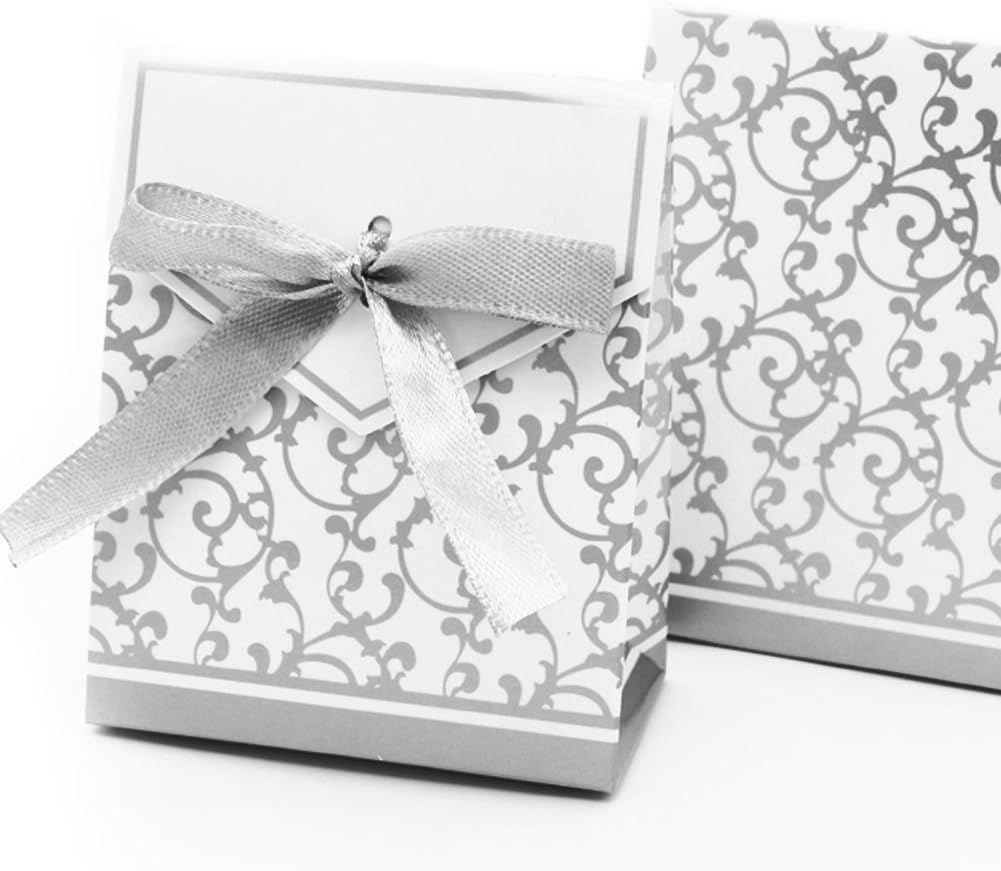 JOHOUSE 50pcs Mini Wedding Favor Box, Small Gift Boxes Candy Boxes with Gift Ribbons for Wedding Party Bridal Shower Favor Party Decoration, Silver