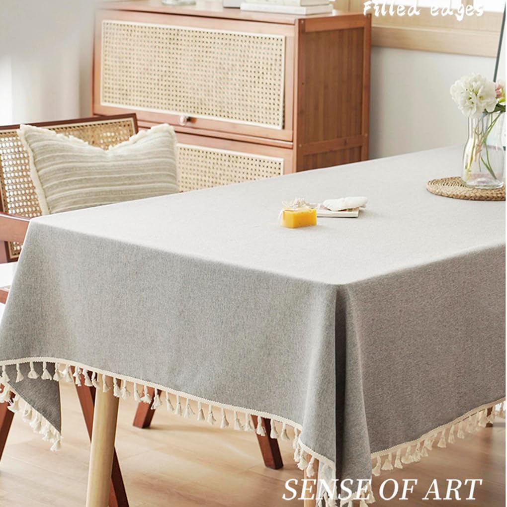 Linen Table Cloth Rectangle Table Cover, Boho Square Tablecloth 55x79, Burlap Modern Farmhouse Tablecloth for Dining/Kitchen/Outdoor (Grey,55''x79'')