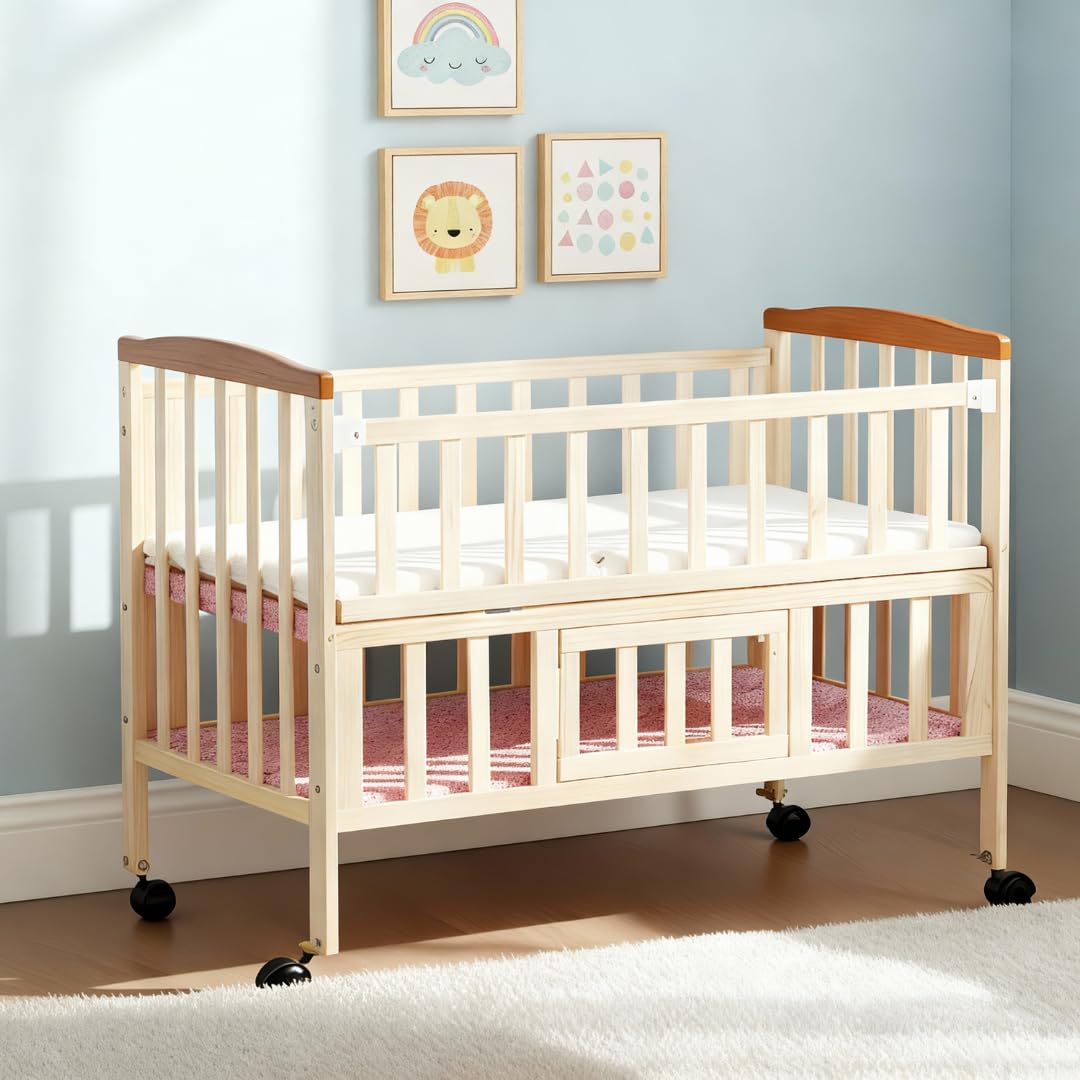 FURNIFEST Wooden Baby Cot Crib with Mattress for 0-3 Year, Strong German Pinewood Baby Cot Cradle with Mosquito Net, & Storage Space, Double Side Extendable Cradle