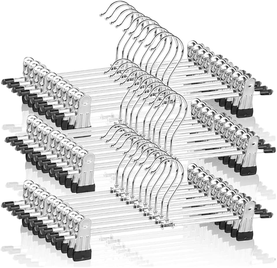 Kit 30 Cabides com Presilha Ajustável Antideslizante – Cabide para Saia e Calça com Gancho Giratório 360°, Organizador de Guarda-Roupa Resistente