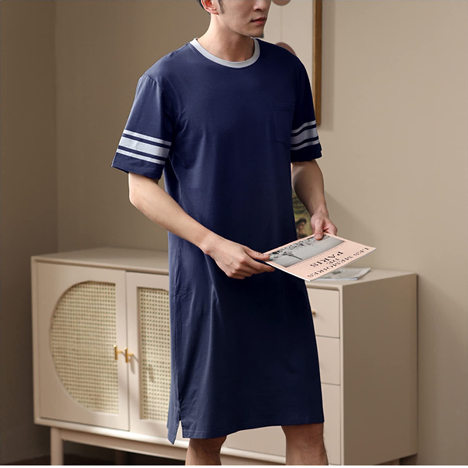 CYGE Herren Kurzarm Nachthemd Modal Baumwolle Gestrickter Pyjama Nachthemd Mittellanger Nachthemd Bademantel
