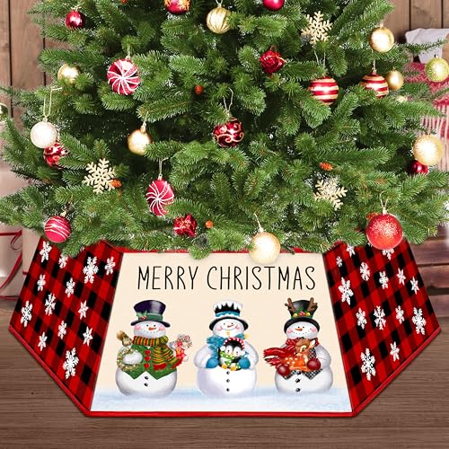 Buffalo Plaid Christmas Tree Collar for Artificial Trees - Base Cover Box Stand Fabric Hexagon Skirt Ring - Xmas Holiday Home Decoration (Snowman)