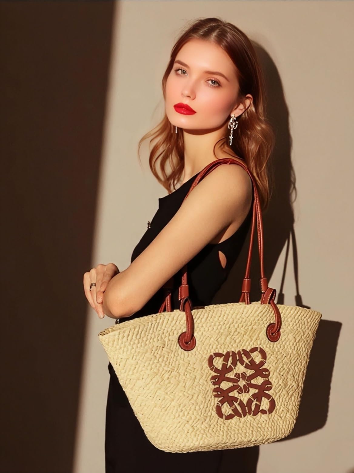 Strohtasche Stroh-Strandtasche, Handgefertigt, Gewebte Schultertasche, Handtasche Mit Großem Fassungsvermögen Damen(Beige)
