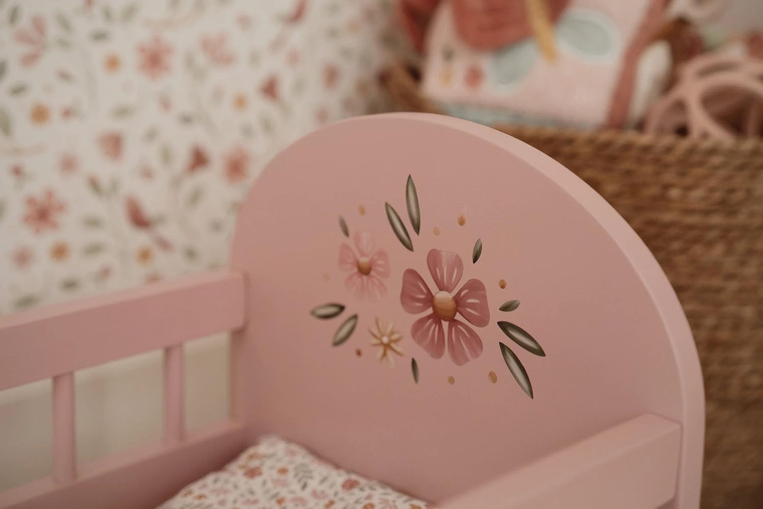 Little Dutch Cama para muñecas Cama para muñecas bebé Muñecas Madera rosa con flor - rosa