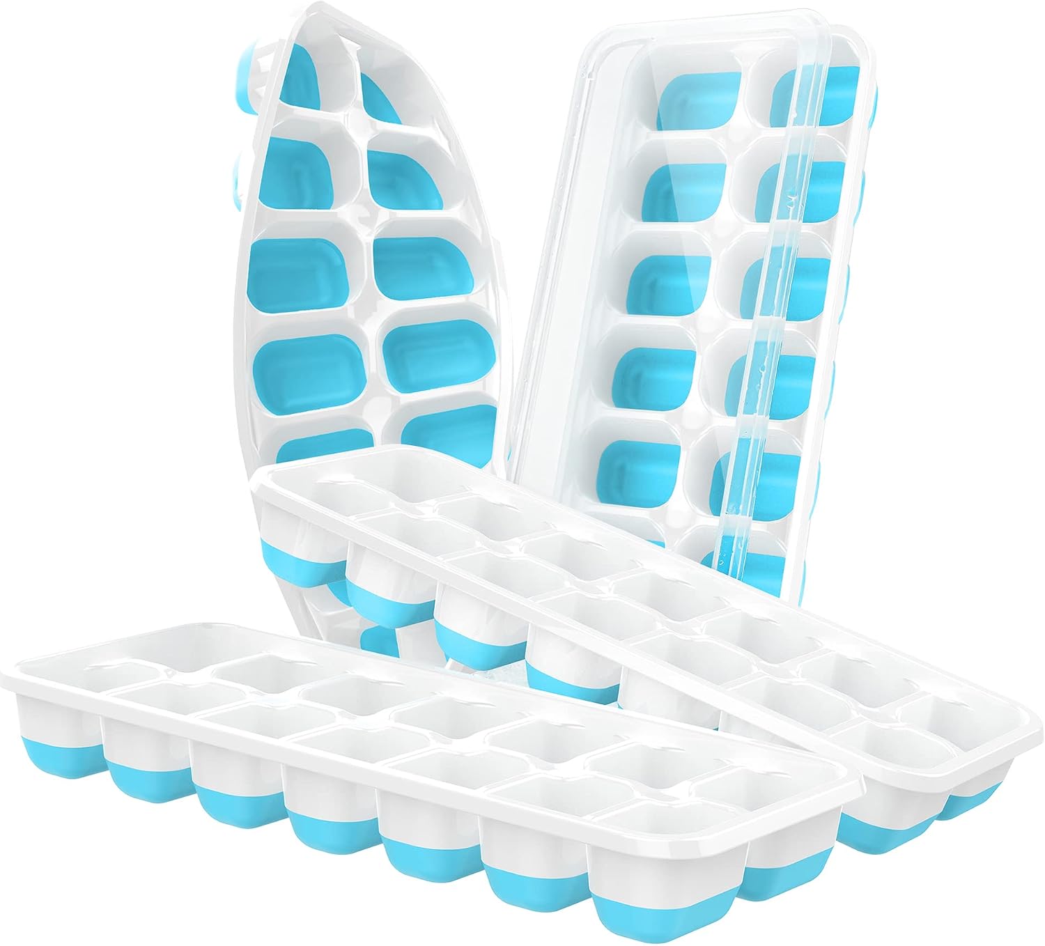 YukaBa Ice Cube Tray 4 Pack, Silicone Trays with Lid Easy Release & Durability, Stackable Bpa Free for Drinks, Fruit, Yogurt, Cocktail, Flexible 14-Ice Freezer, Ocean Blue (Blue)