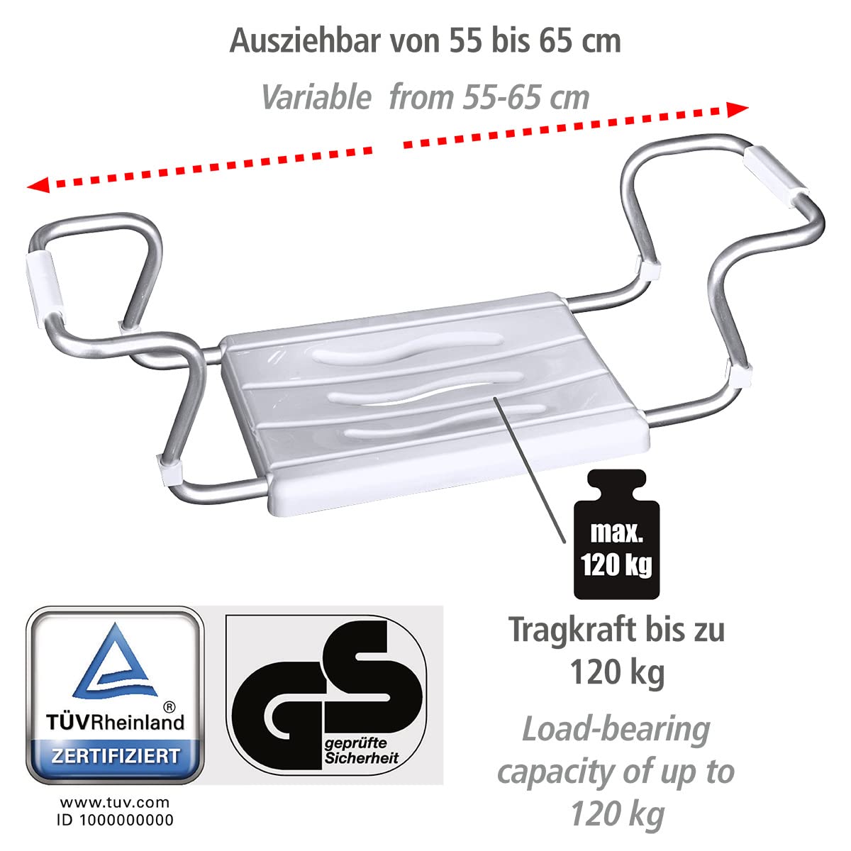 WENKO Fotel do wanny Secura-wysuwany, nośność 150 kg, biały, 26 x 55-65 x 18 cm