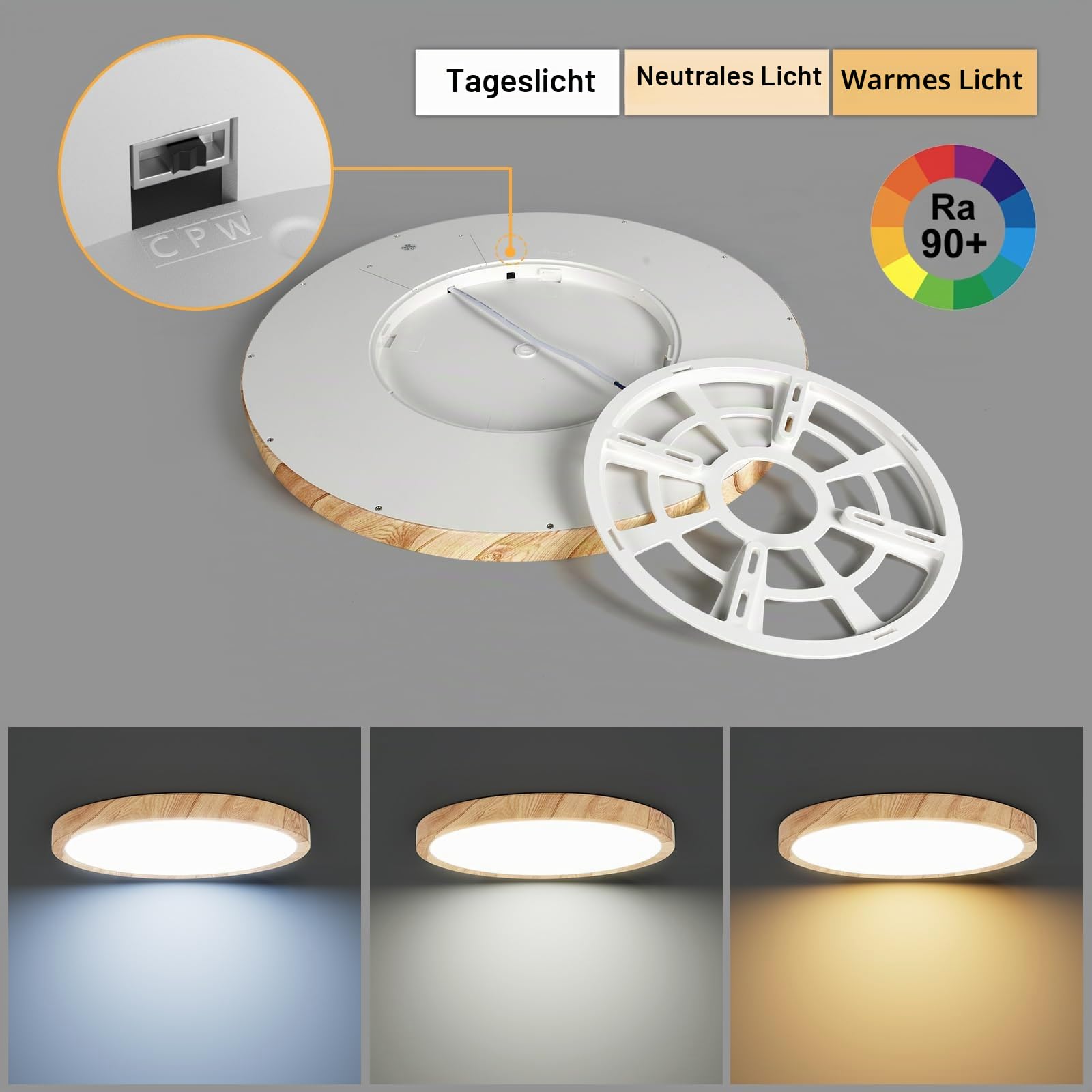 LVL LED-Deckenleuchte Holzmaserung, 40cm 32W Nordische Deckenleuchte Rund Flach für Wohnzimmer, Schlafzimmer, Küche, Büro, Flur