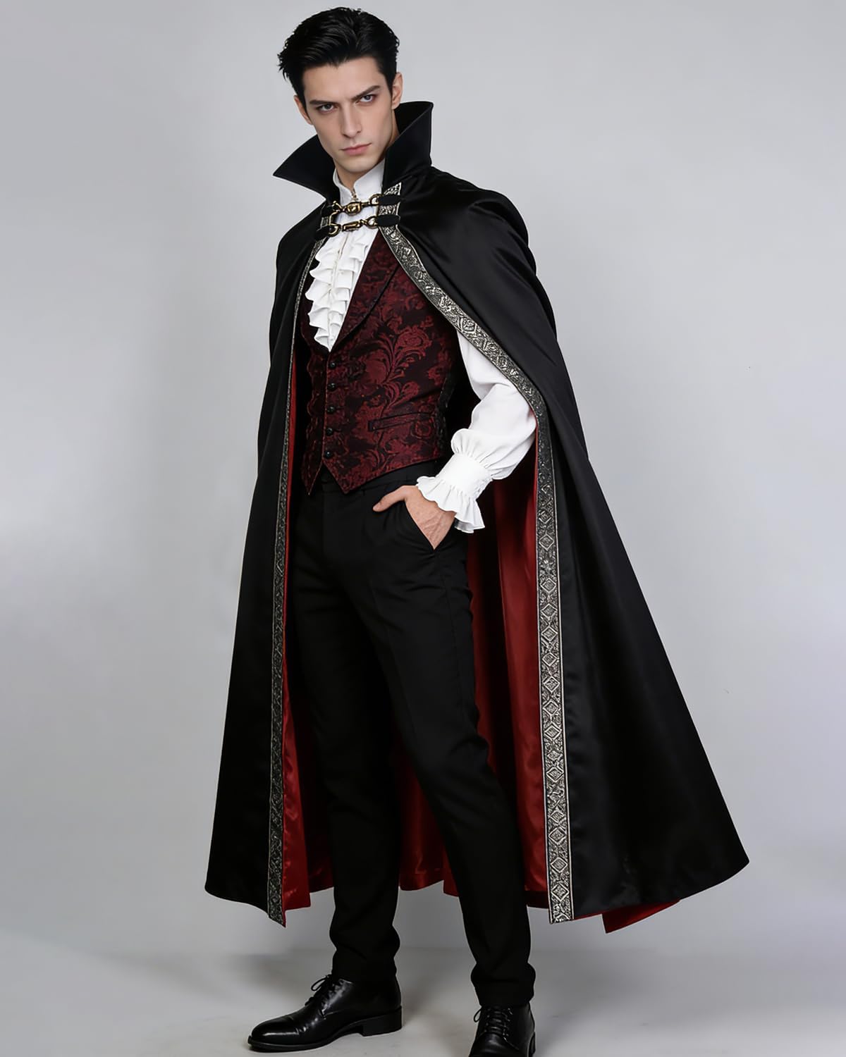 Joukavor Men's Vampire Cape with Stand Up Collar - Victorian Gothic Cloak for Renaissance & Halloween Cosplay