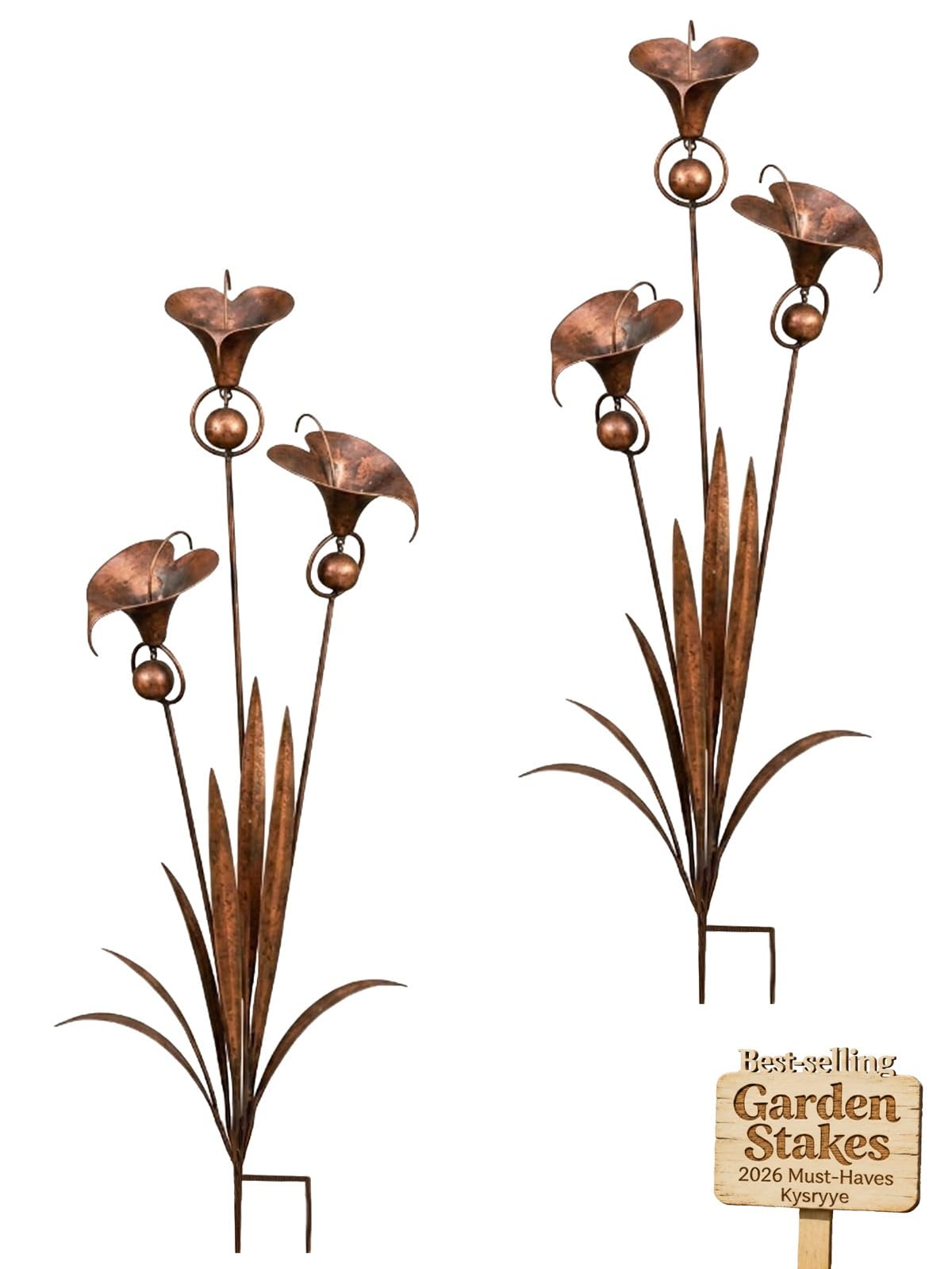 Calla-Lilien-Gartenstecker aus Metall, handgefertigt, 61 cm, groß, geflammt, Kupfer, Blumenskulptur mit beruhigenden Glocken, skurrile Outdoor-Hofkunst, rustikales Windspiel, Ornament, Geschenk (2