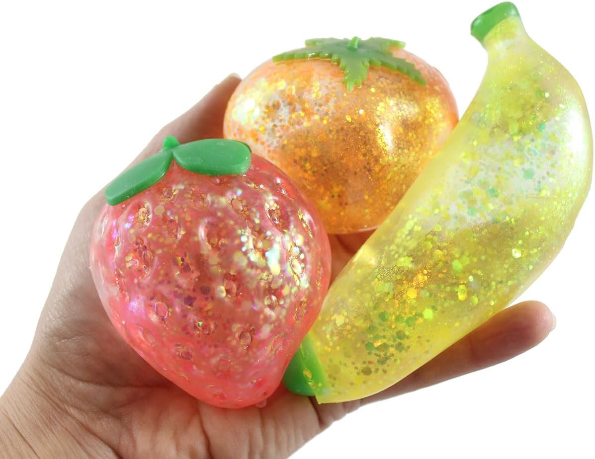 Curious Minds Busy Bags 3 Fruit Sugar Ball - Strawberry, Orange, Banana Thick Glue/Gel Syrup Molasses Stretch Ball - Ultra Squishy and Moldable Slow Rise Relaxing Sensory Fidget Stress Toy, Small