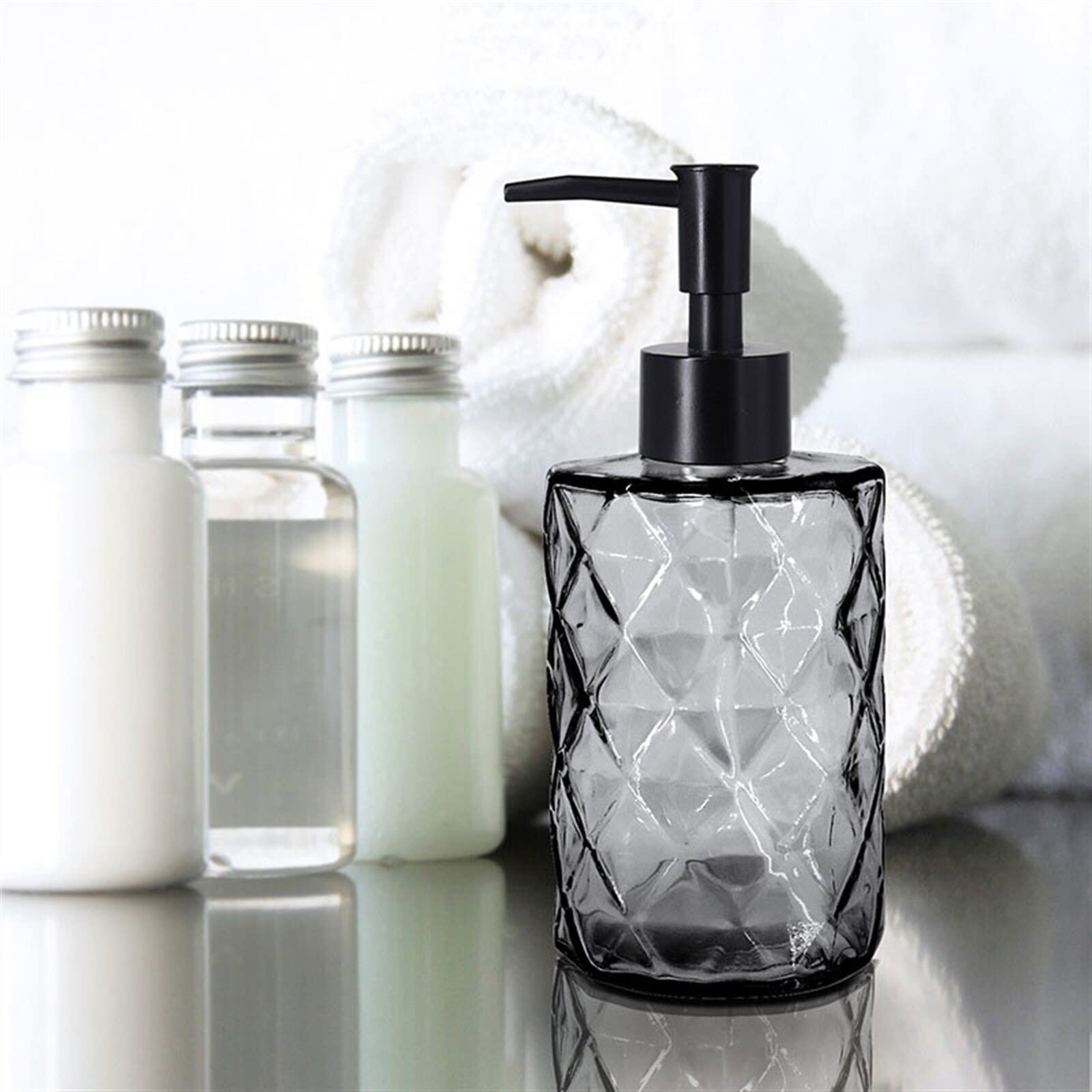 Dispenser per Doccia da 330 ml, flacone in Vetro Grigio per lozione, Shampoo per Uso Domestico, Gel Doccia, Dispenser a Pompa Separato con Pulsante.