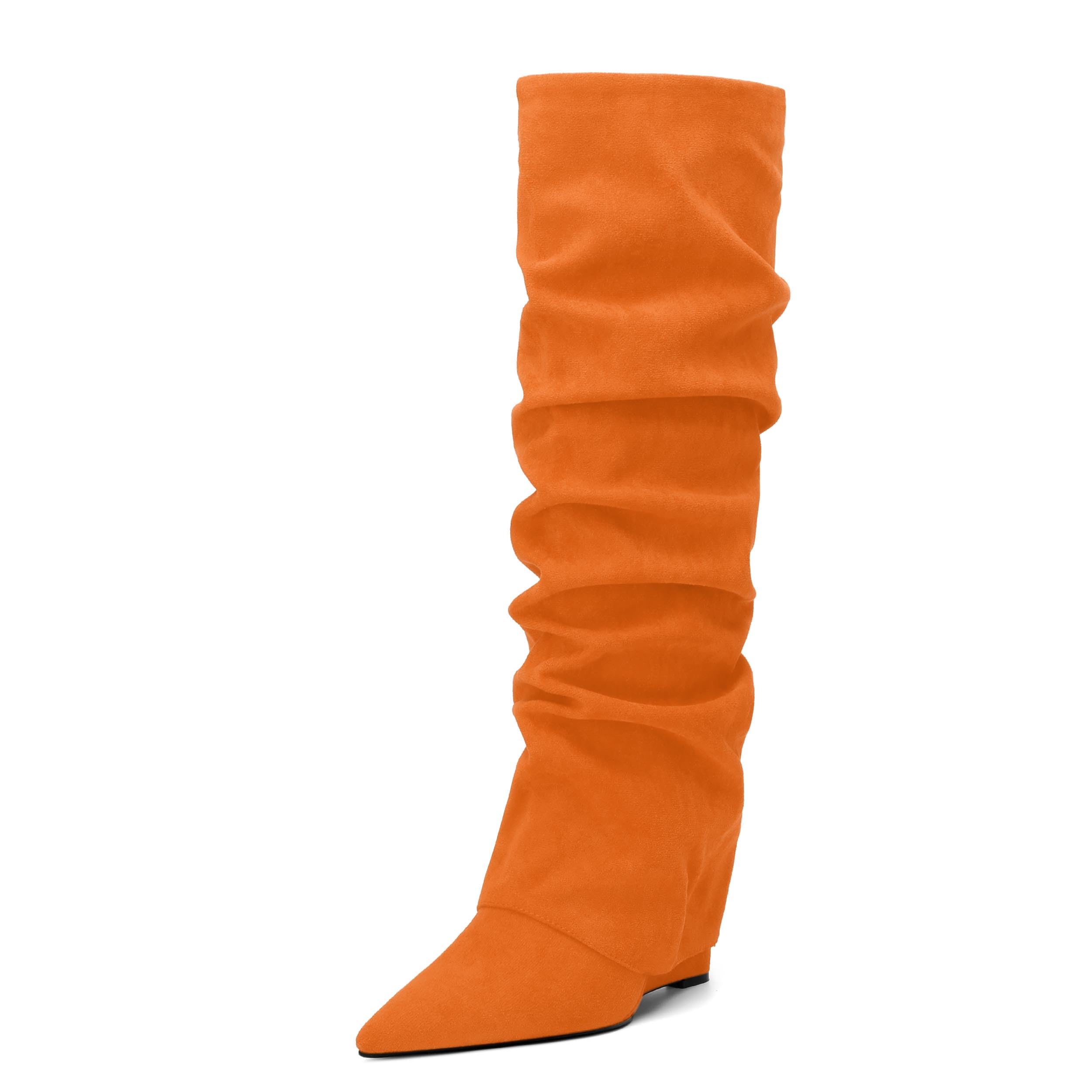 WAYDERNS Knee High Boots for Women Wedge Heel Slouchy Pointed Toe 4 Inch Pull on Tall Boots Comfortable Casual Work Party Fall Winter Shoes