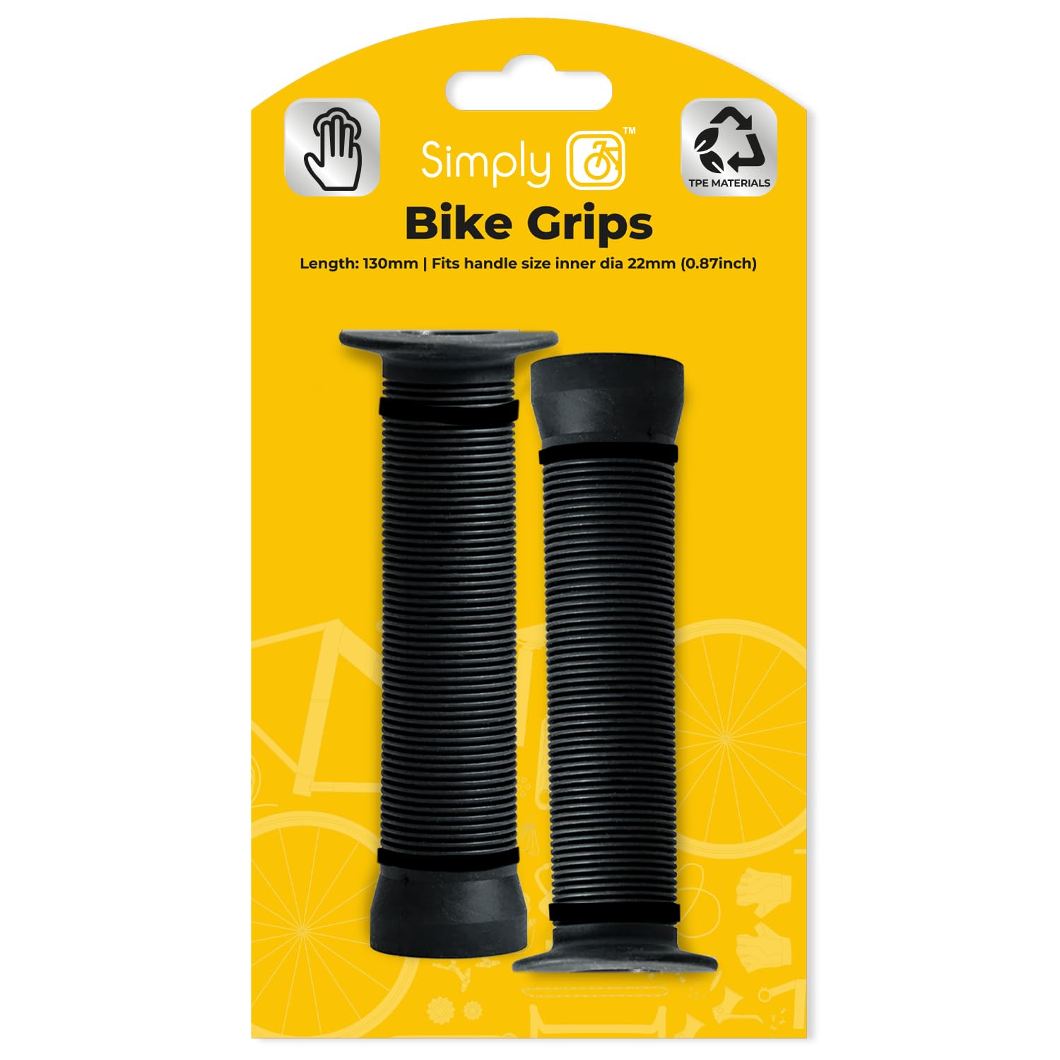 Simply Cycling TPE Black Bicycle Handlebar Grips 90 130mm, Anti-Slip Ergonomic Bike Grips for 22mm Handlebars, Pair, Vibration Dampening