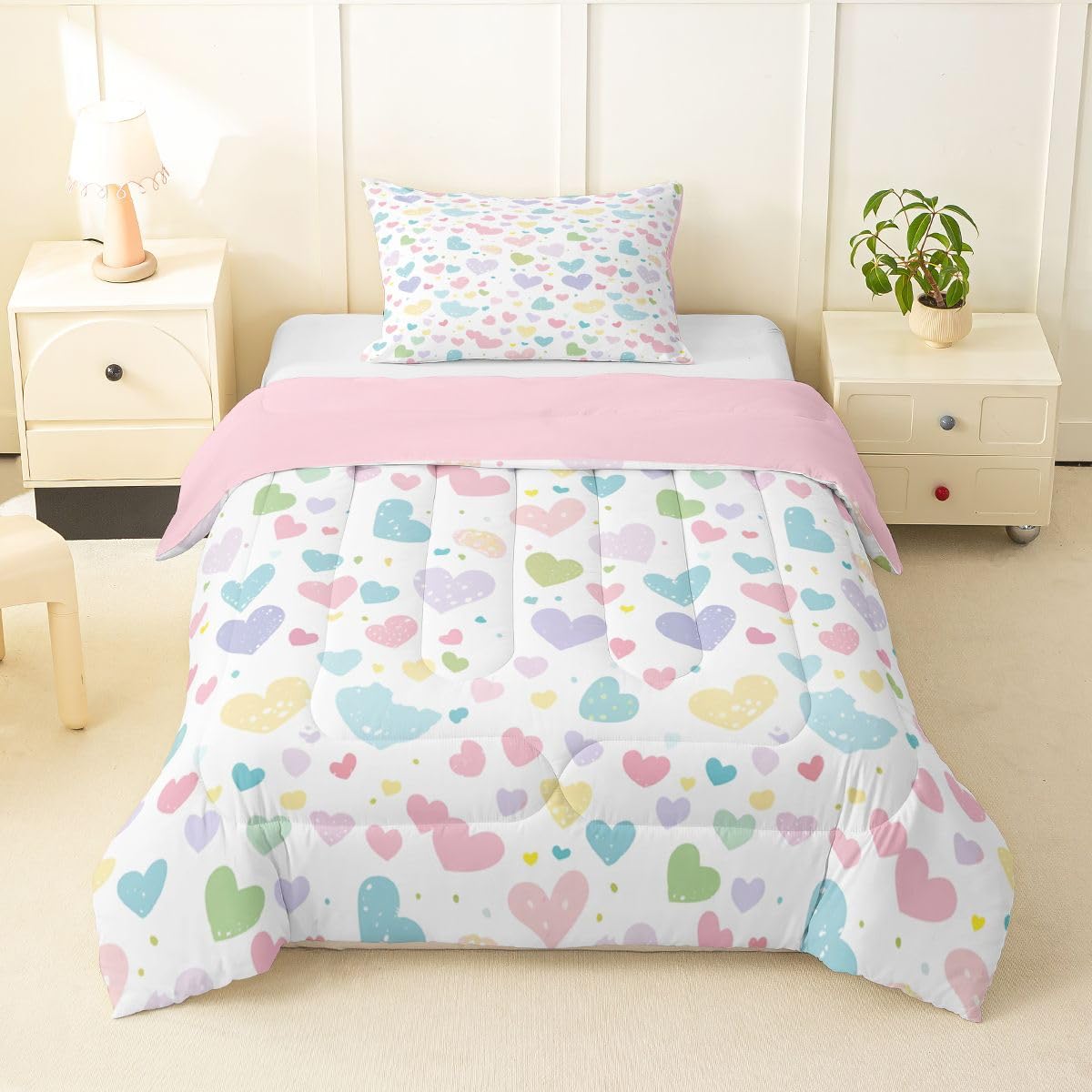 Erosebridal Cute Heart Toddler Comforter Set Valentine Love Heart Bedding Set for Kids Girls Rainbow Hand Drawn Style Comforter Cartoon Geometric Duvet Insert