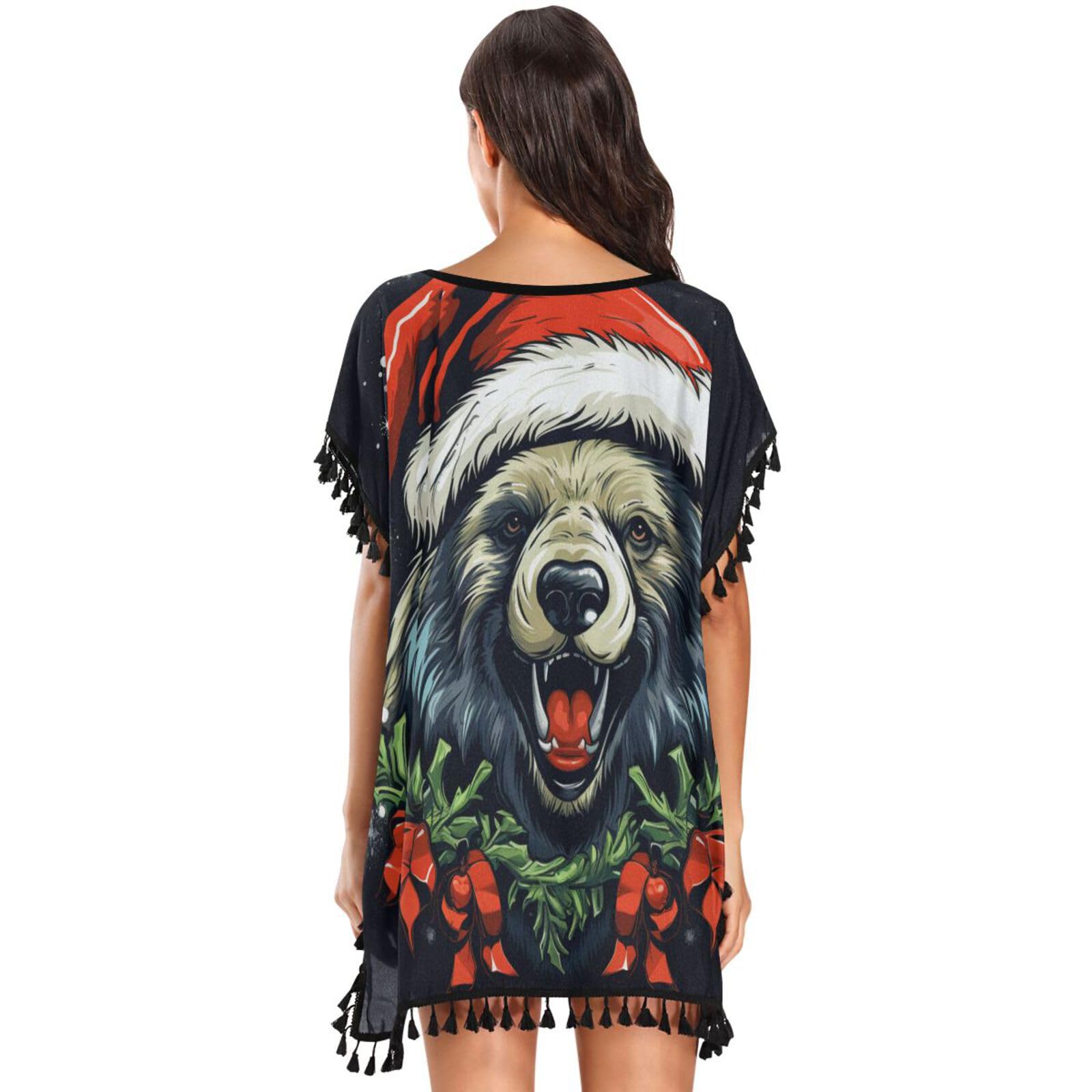 Christmas Style Animals Panda Women's Beach Cover Up Chiffon Tassel Swimwear Swimsuit Coverups for Girl