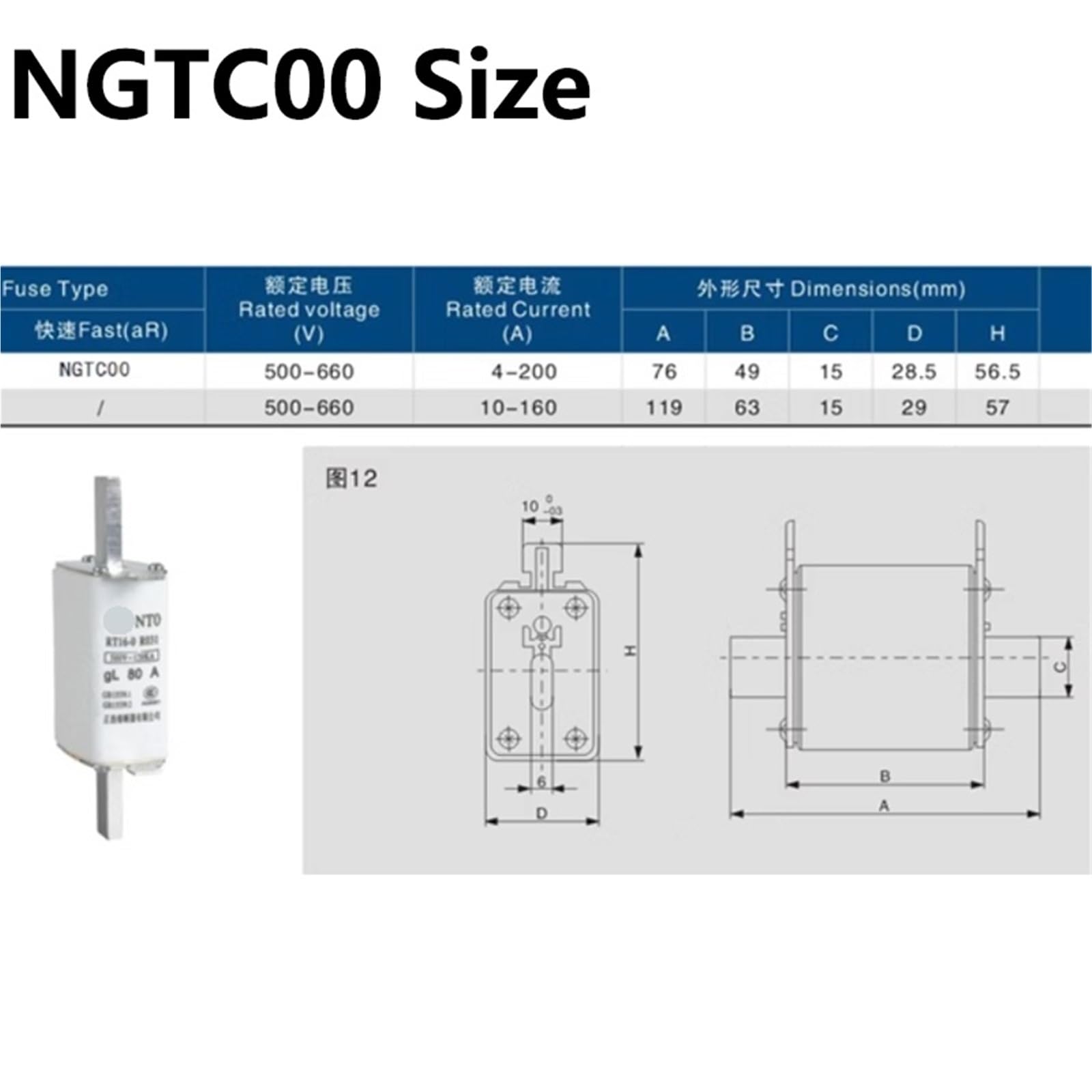 1 x bezpiecznik NGTC00 AC500 V/AC690 V 200 A 160 A 125 A 100 A 80 A 63 A 50 A 40 A 20 A 16 A 10 A plug-in nóż typ instalacji (80 A, z podstawą)