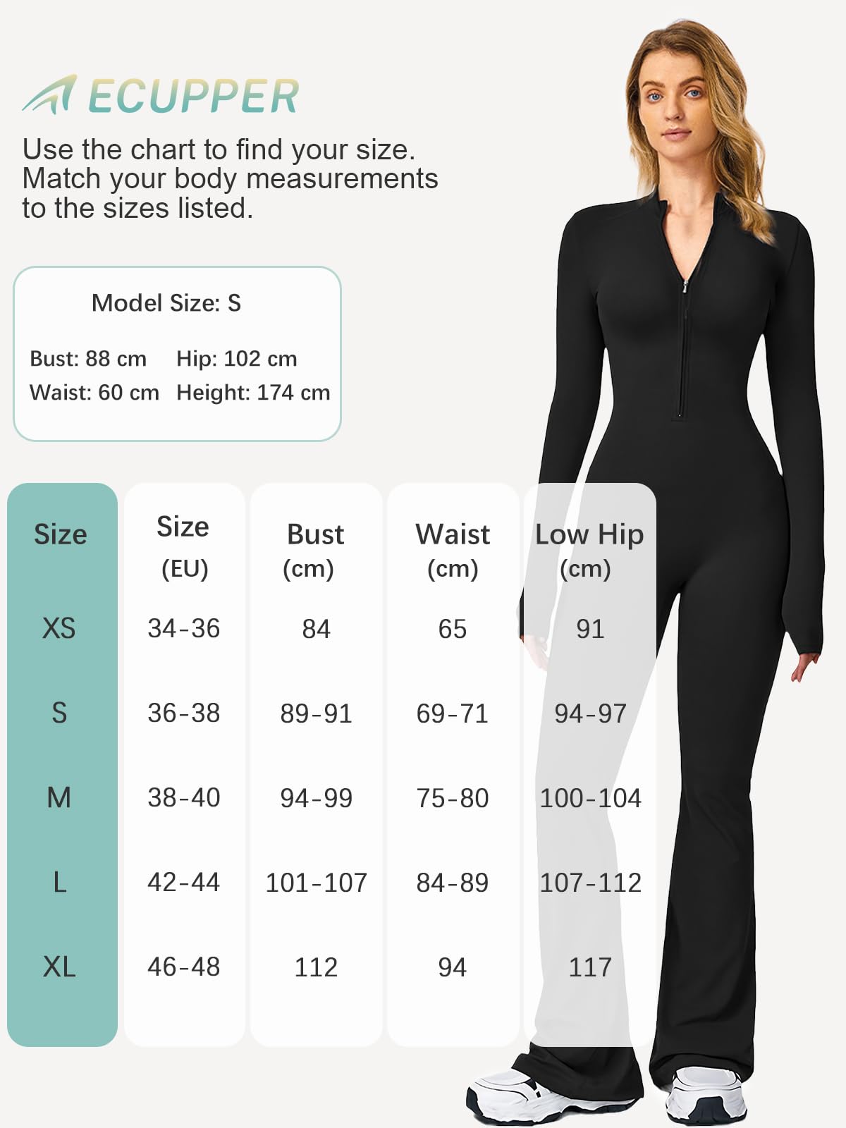 Ecupper Combinaisons de Sport Femme à Manches Longues Jumpsuit Une Pièce Combinaisons Overalls Flare Romper avec Fermeture Éclair
