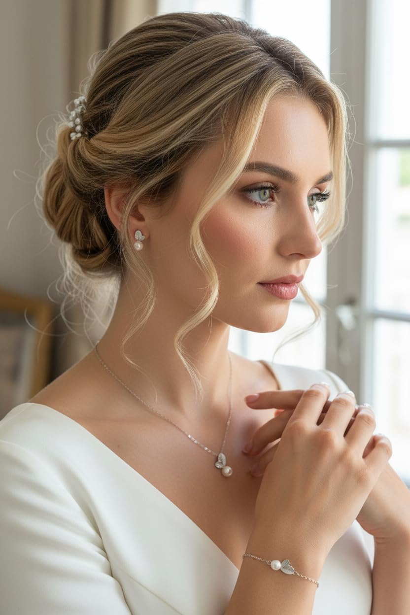 925 Silber Schmuckset Damen Perlen Blätter Halskette Ohrringe Armband Zirkonia Strass Brautschmuck Hochzeit Kommunion