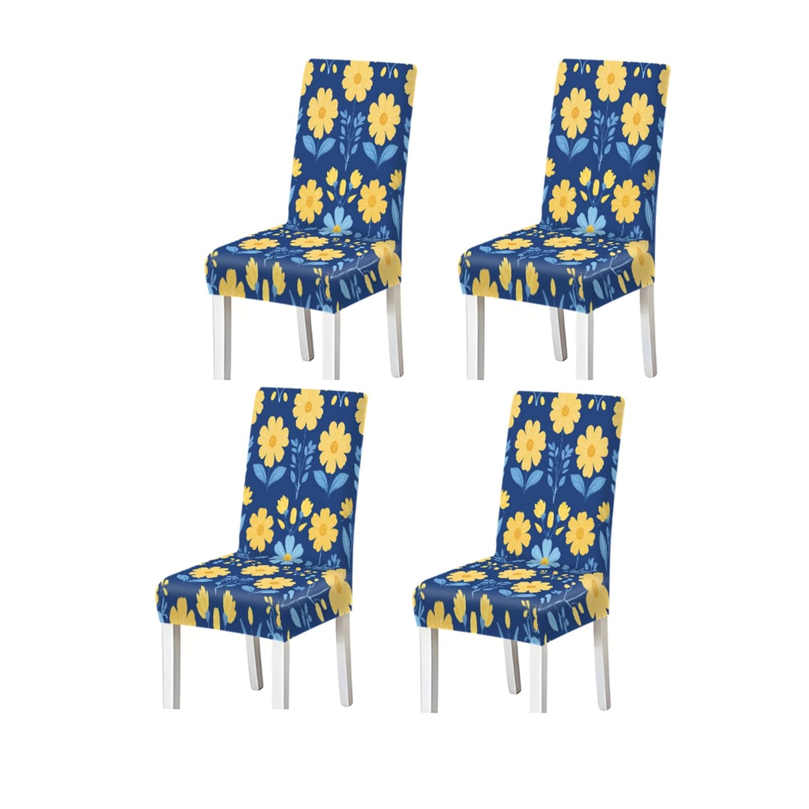 Cheerful Blue Yellow Floral Pattern Print Stretch Dining Chair Covers Set Of 2/4/6, Slipcovers For Kitchen Dining Room Living Room Café Removable Stretch Slipcovers for Dining Chairs(4PCSChair cover)