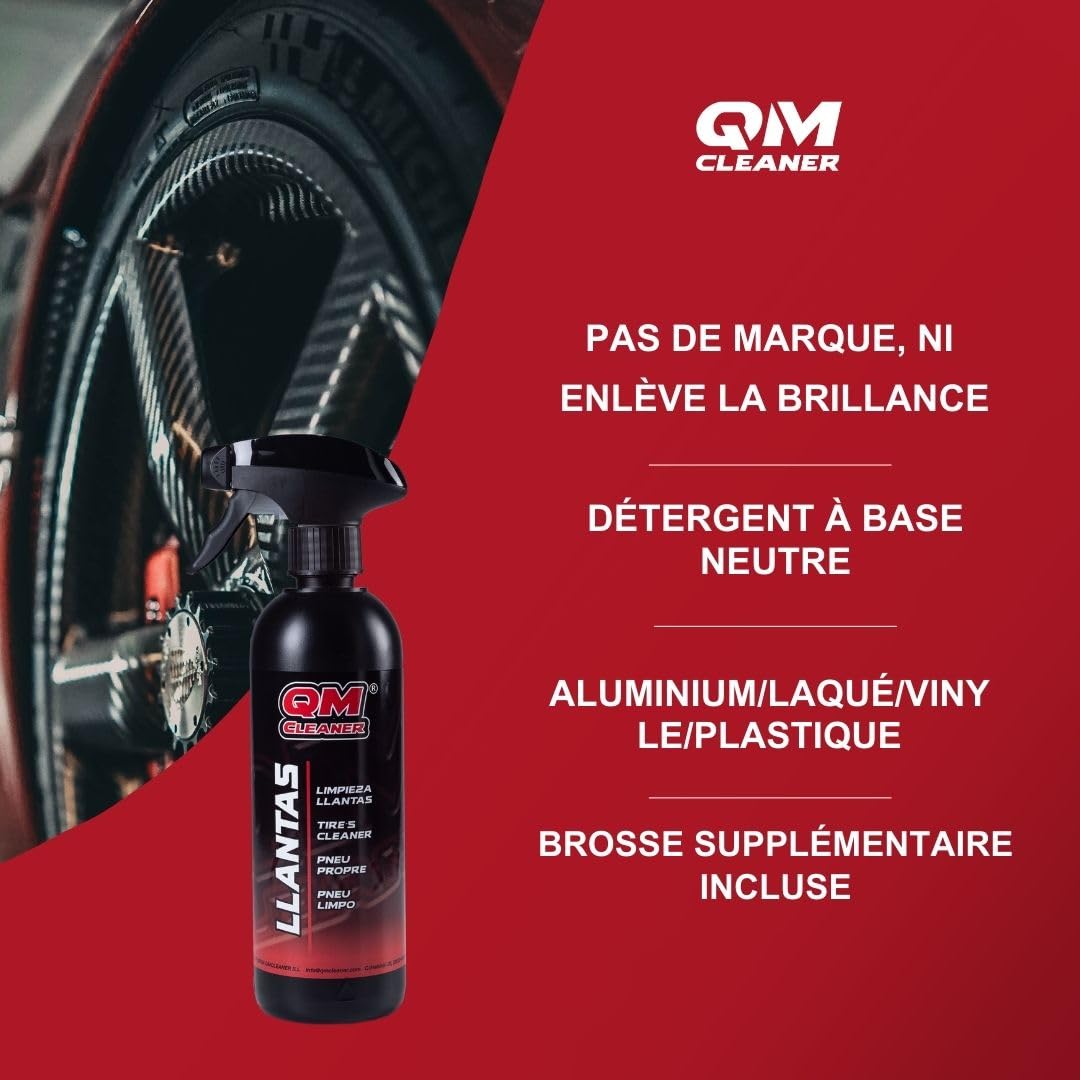 QM Cleaner Kit de Nettoyage et Lustrant pour Jantes et Pneus de Voiture | kit complet pour véhicule Comprend 500ml de Nettoyant pour Jantes, 200ml de Lustrant pour Pneu, une Brosse et une Éponge
