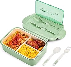 BIBURY Bento Lunch Box for Adults and Children, Leak-Proof, 1400 ml Lunch Box with 3 Compartments and Cutlery, Lunch Box Kids, Microwave-Safe, for School, Work, Picnic, Travel (Green)