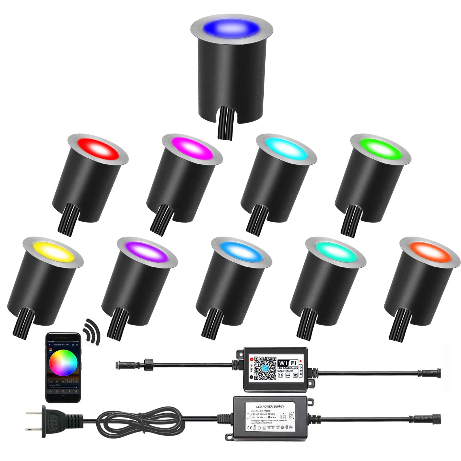 Smart LED Deck Lights Kit WiFi Controlled Color Changeable,Φ1.38“Outdoor IP67 Waterproof Low Voltage Step Lights with Protecting Shell,Works with Samrt Phone,Alexa,Google Home(10pcs,WiFi) RGB-WIFI 10pcs(Silver Border+Embedded Parts)