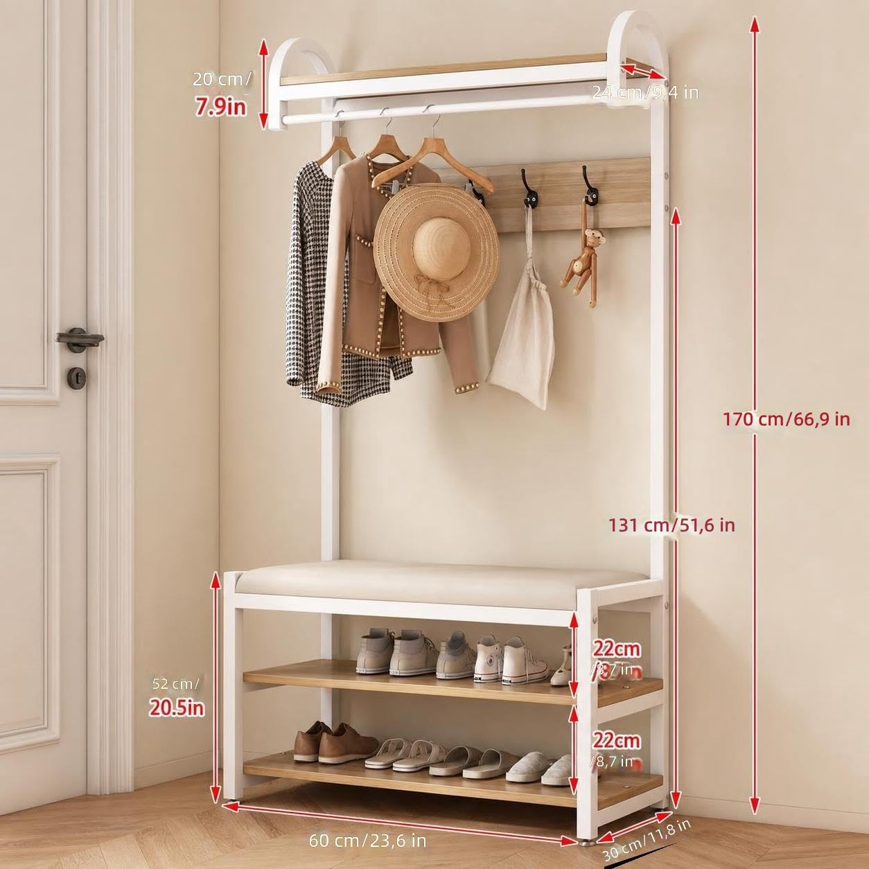 Árbol de Recibidor Multifuncional con Perchero, Zapatero y Banco Acolchado, Organizador de Entrada de Madera de Ingeniería para Recibidor y Sala de Estar, Mueble de Almacenamiento