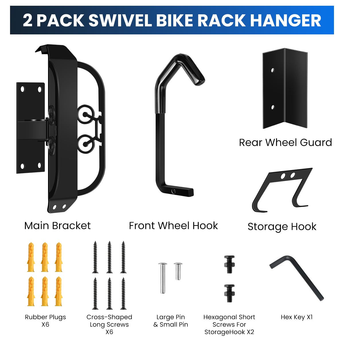 RAIPATH Swivel Bike Wall Mount, 2 PACK Heavy Duty Bike Rack for Garage Storage, Space-Saving Vertical Bicycle Hanger Holds 66 lbs, Adjustable Rotation, Anti-Rust, for Cyclists Homeowners Families