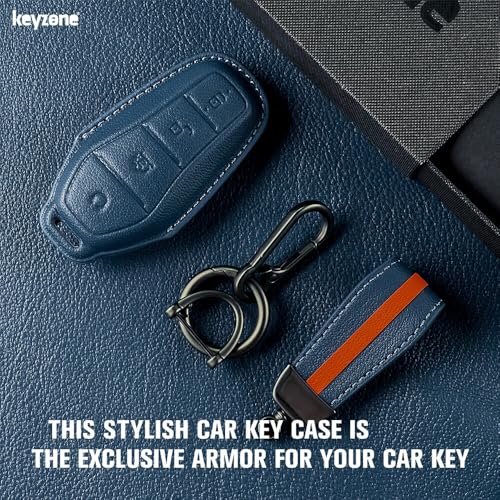 Image of Keyzone Royal Leather Car Key Cover with Keychain for BYD Seal and Atto 3 smart Key (Celestial Blue)