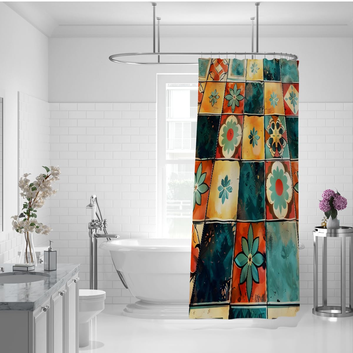 Boho-Geometrische Blumen-Duschvorhang Badezimmerdekoration im mediterranen Stil Lebendiges ethnisches Fliesenmuster Stoff-Duschvorhang wasserdicht 200 x 220 cm