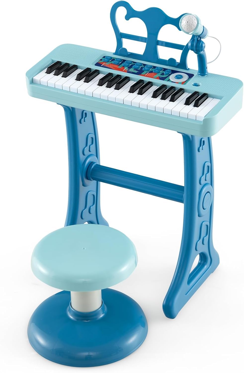 RELAX4LIFE Piano Infantil 37 Teclas con Micrófono, Taburete, Atril, Grabación y Reproducción, Volumen Ajustable, Karaoke Infantil con 22 Canciones, 4 Ritmos, 4 Instrumentos para Niños 3+ Años (Azul)