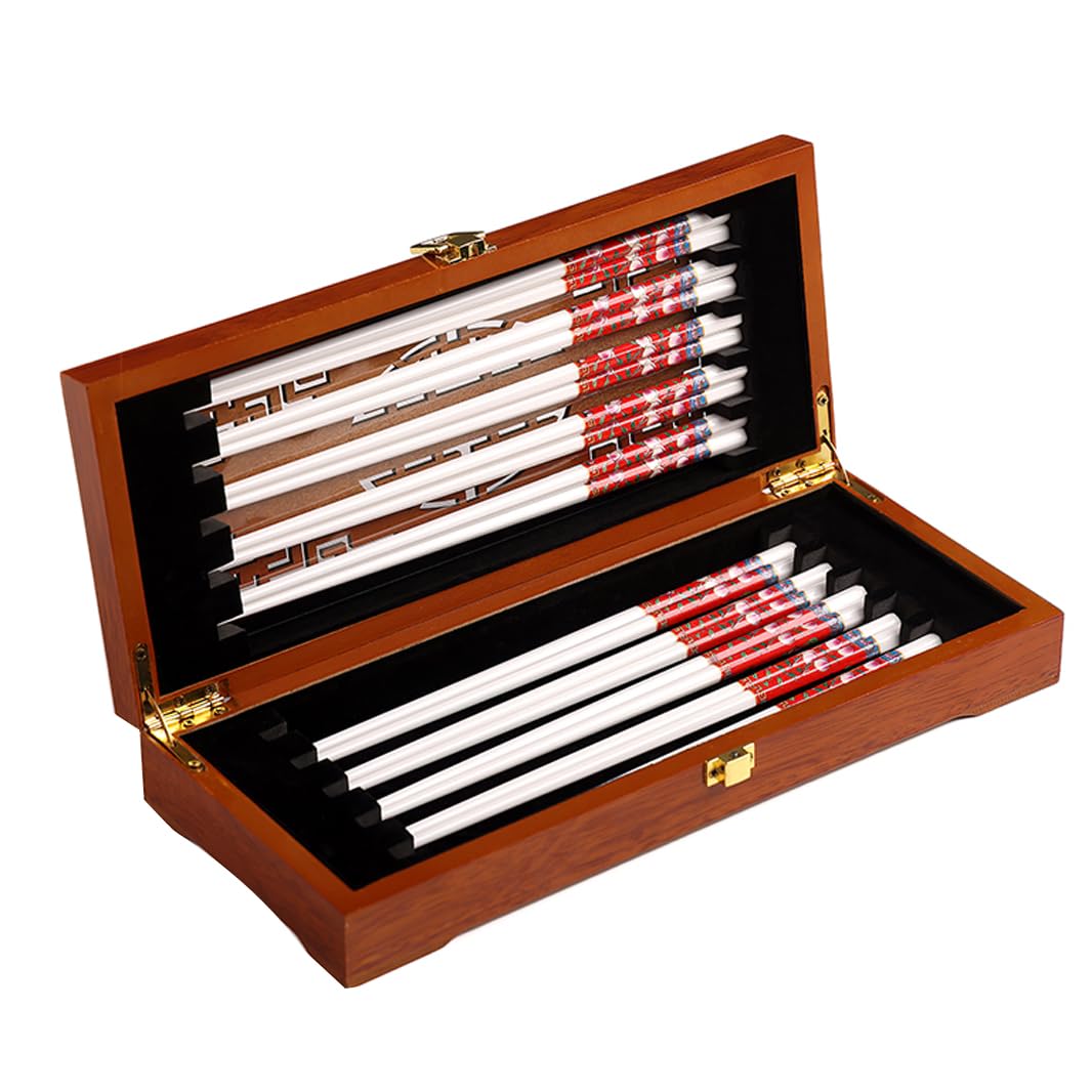 Jeu de baguettes, Coffret cadeau de 10 paires baguettes en porcelaine, motif pêche, réutilisables avec étui, lavables au lave-vaisselle, blanches(Red)